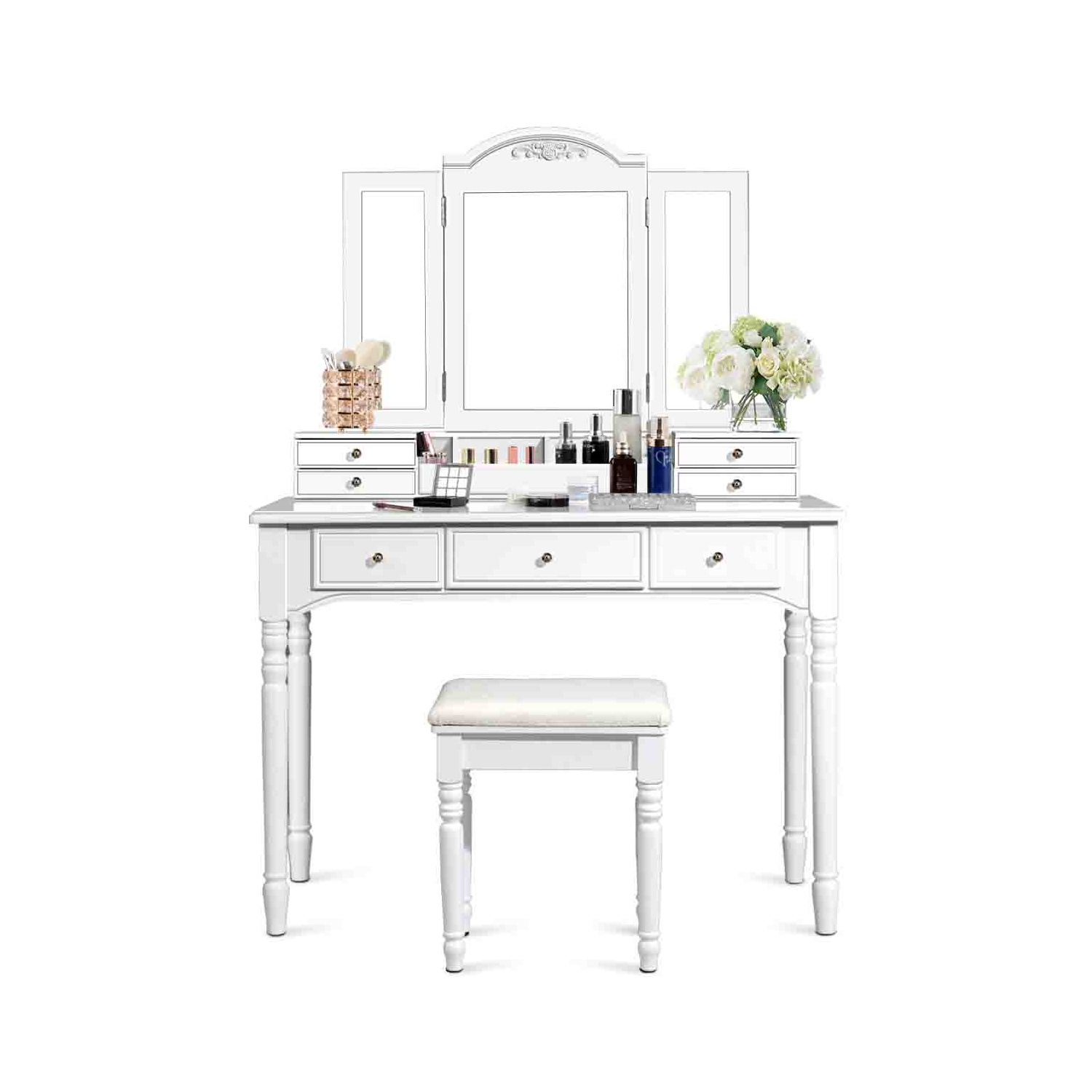 Topbuy Vanity Makeup Dressing Table Set w/ Drawer Mirror Necklace Hook White