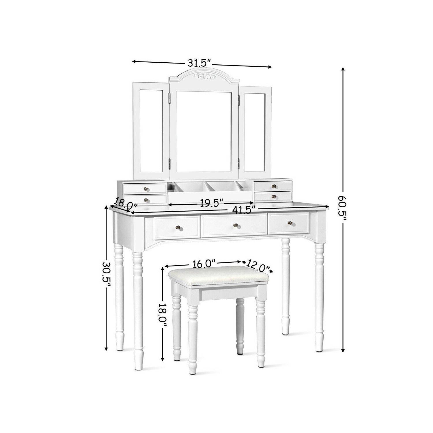 Topbuy Vanity Makeup Dressing Table Set w/ Drawer Mirror Necklace Hook White