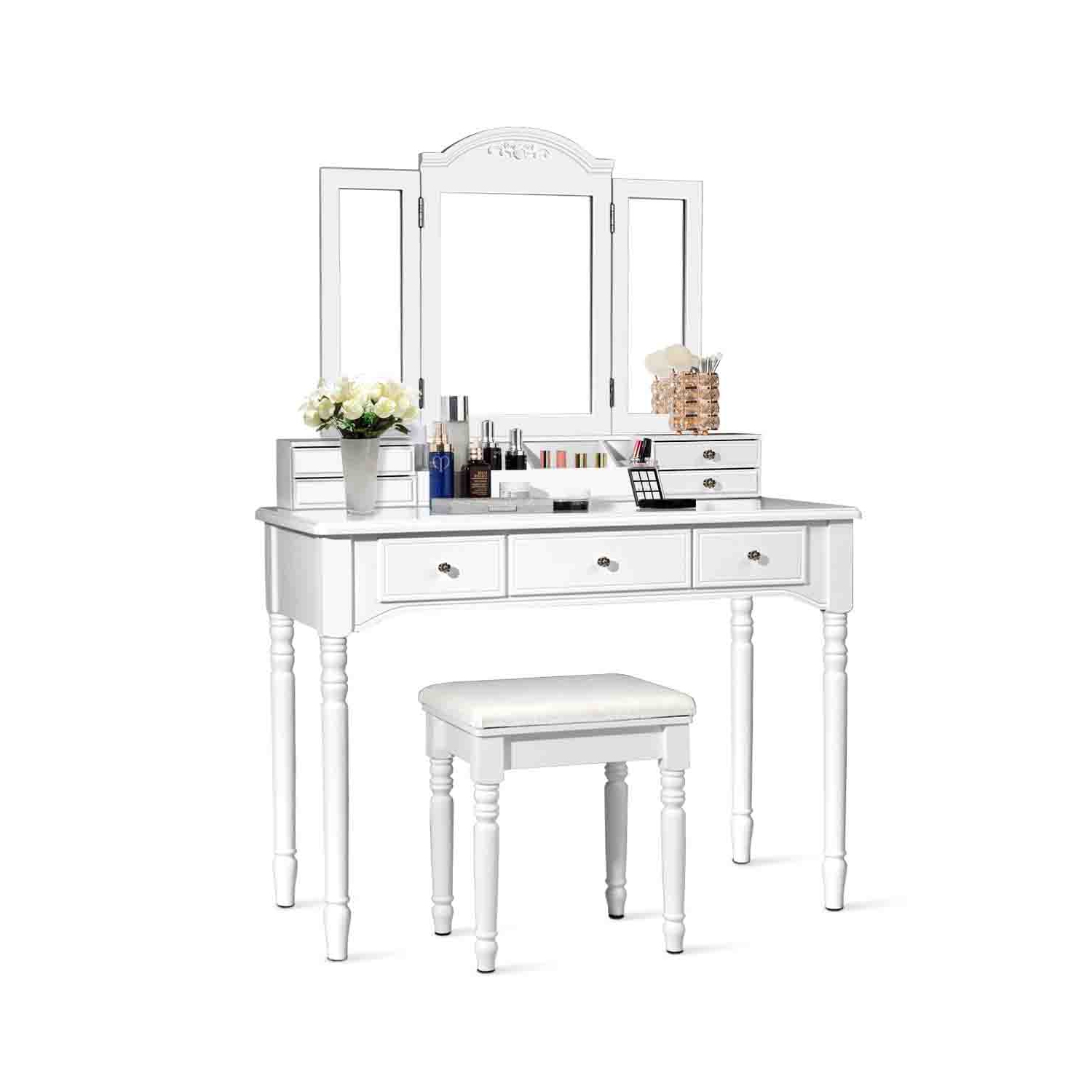 Topbuy Vanity Makeup Dressing Table Set w/ Drawer Mirror Necklace Hook White