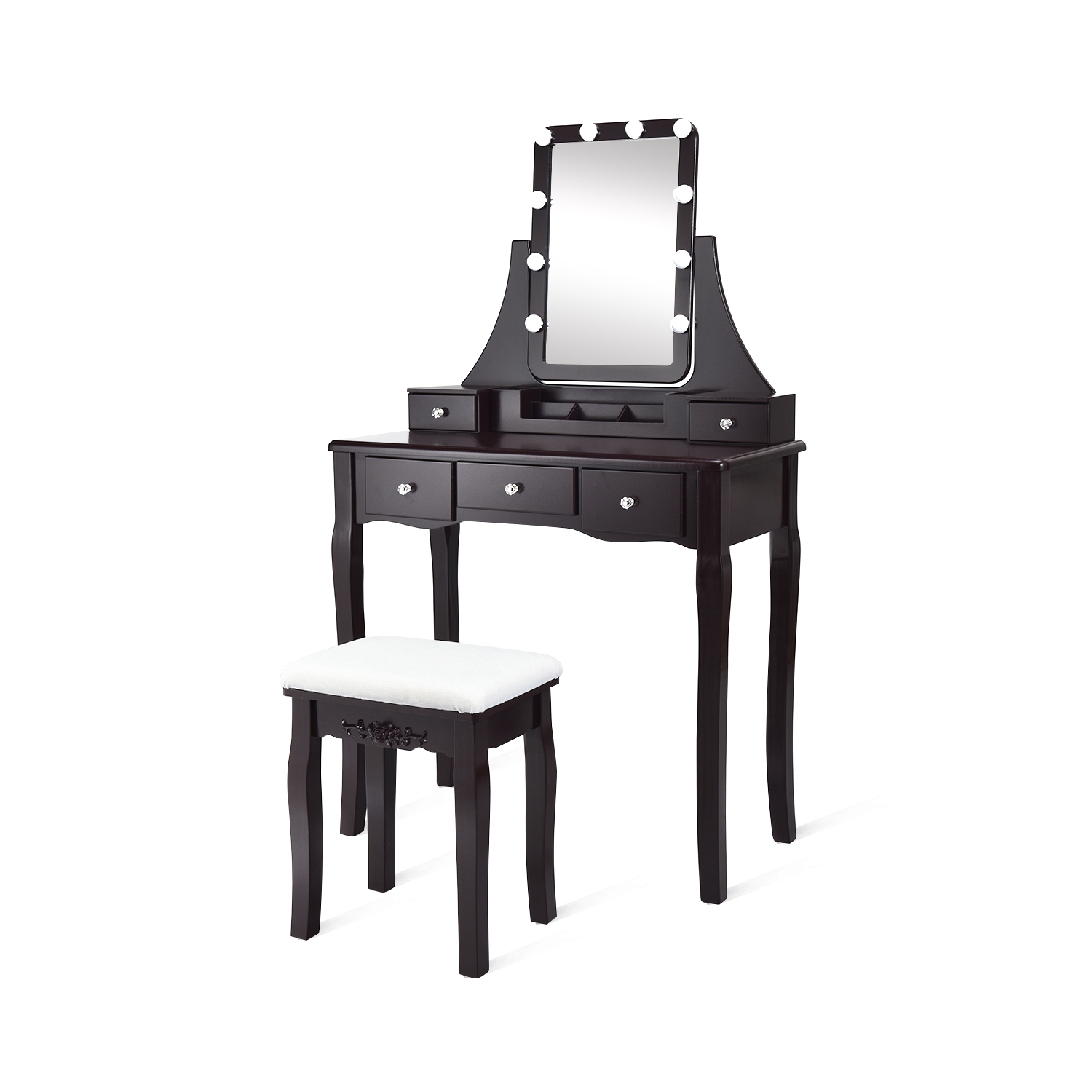Table de maquillage à DEL TopBuy avec tiroirs et tabouret rembourré brun