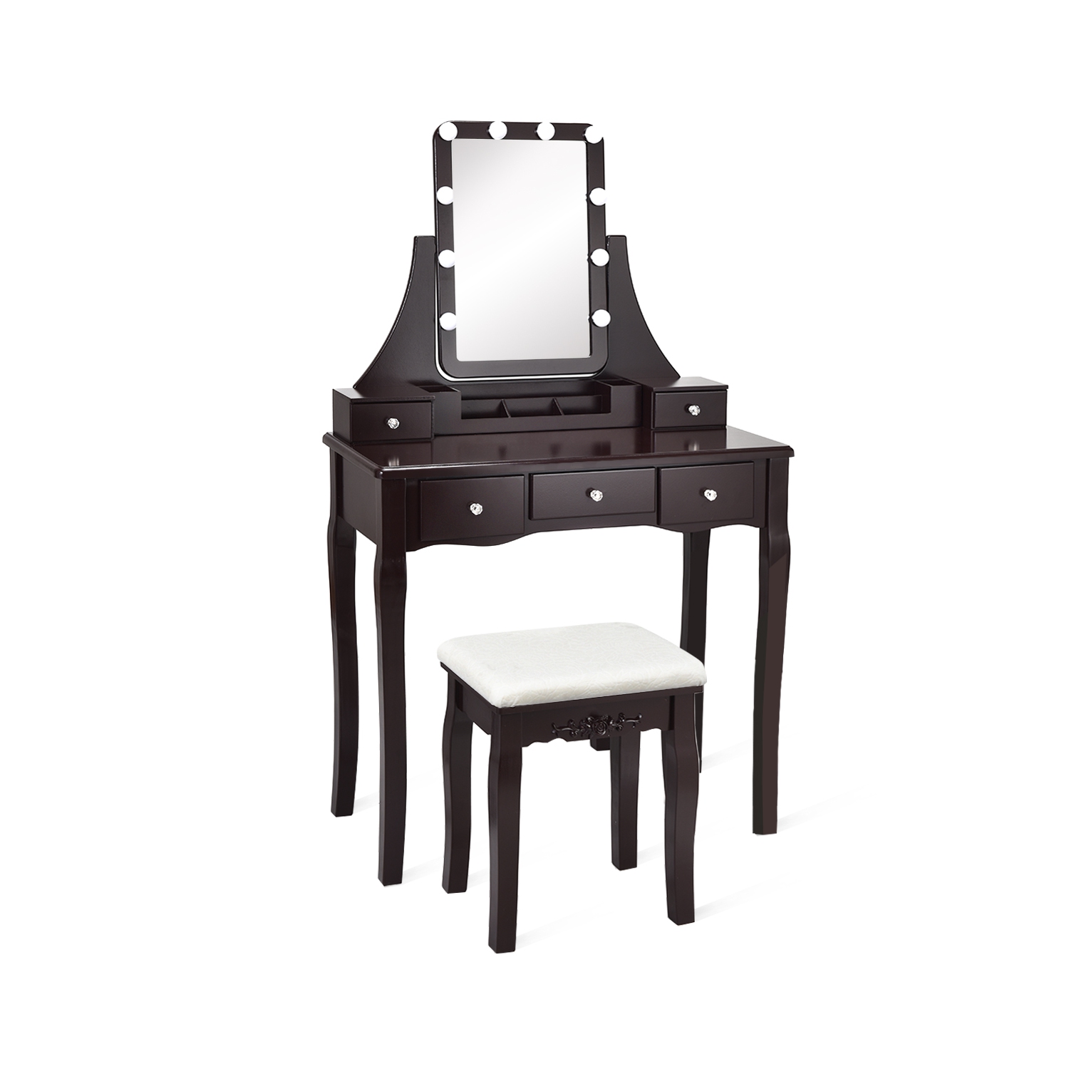 Table de maquillage à DEL TopBuy avec tiroirs et tabouret rembourré brun