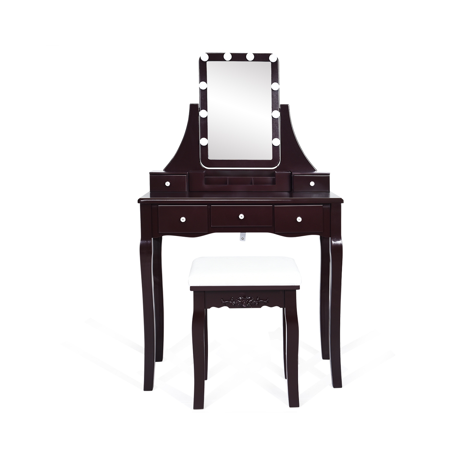 Table de maquillage à DEL TopBuy avec tiroirs et tabouret rembourré brun