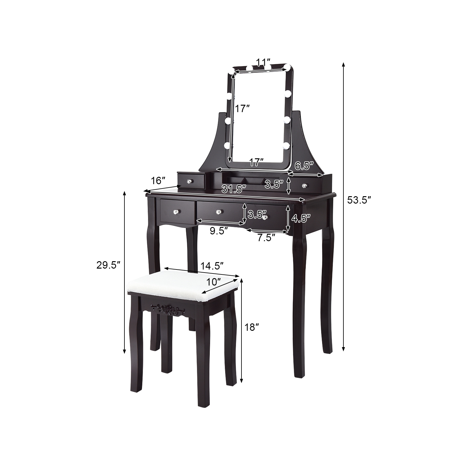Table de maquillage à DEL TopBuy avec tiroirs et tabouret rembourré brun