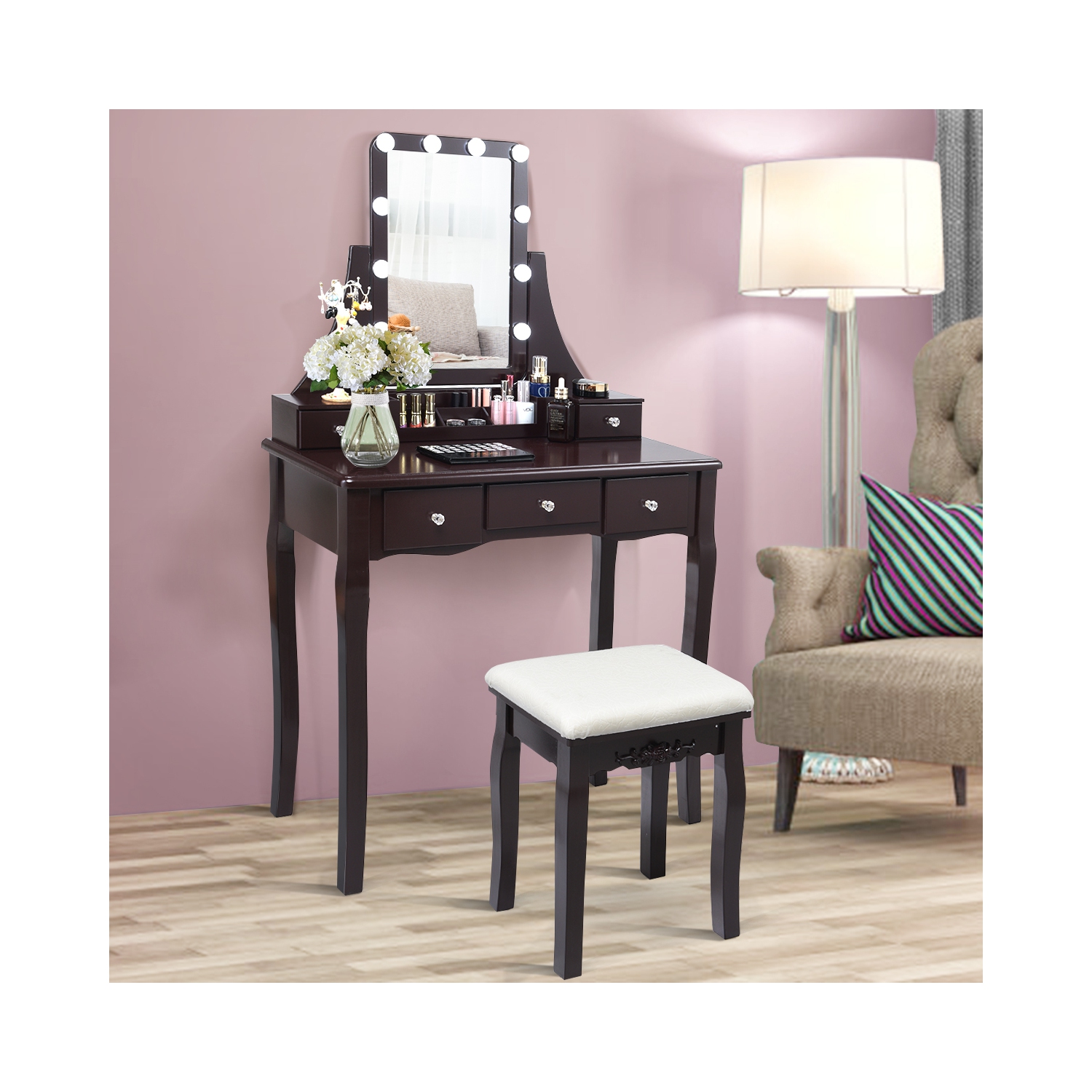 Table de maquillage à DEL TopBuy avec tiroirs et tabouret rembourré brun