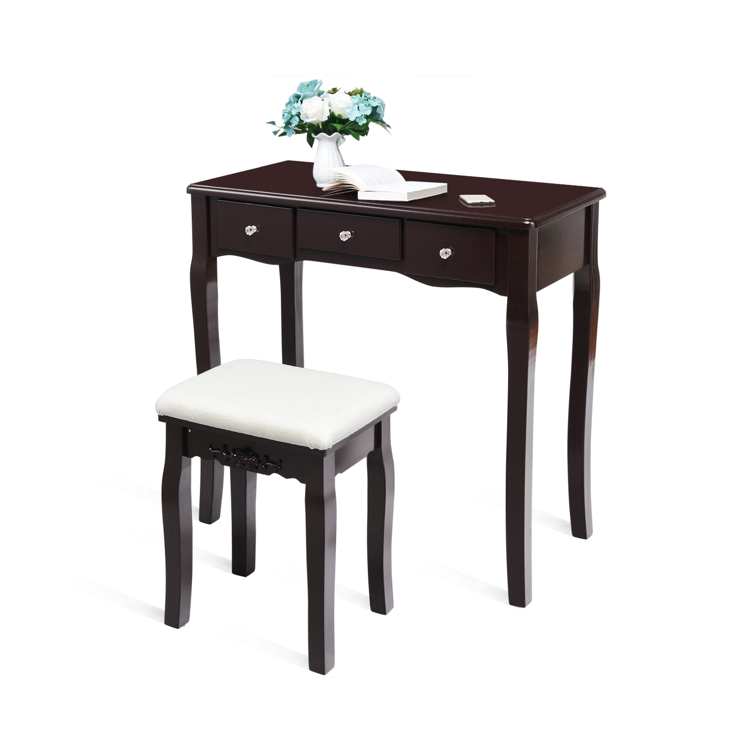 Table de maquillage à DEL TopBuy avec tiroirs et tabouret rembourré brun