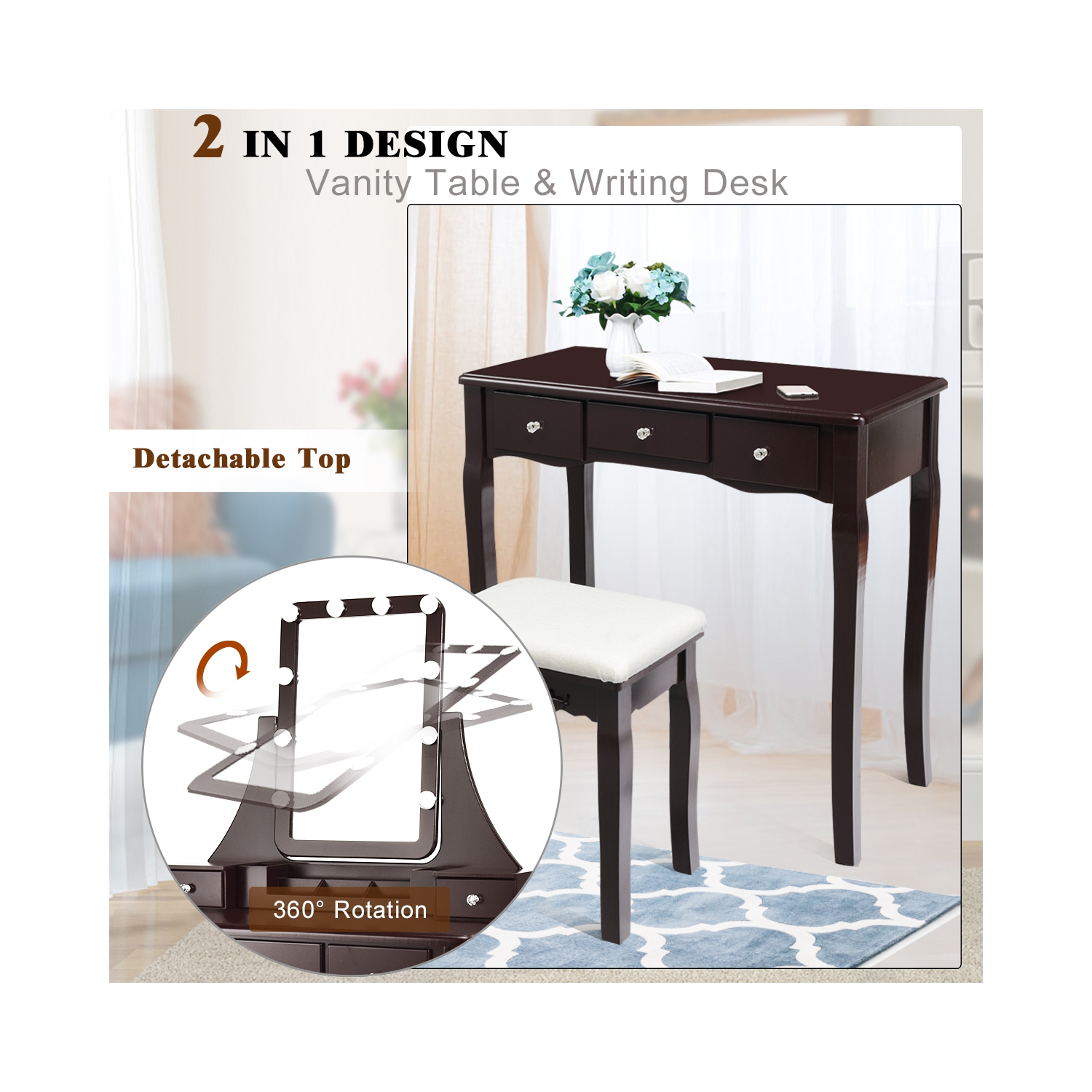 Table de maquillage à DEL TopBuy avec tiroirs et tabouret rembourré brun