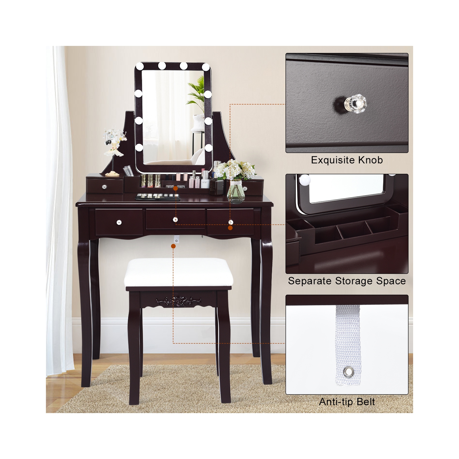 Table de maquillage à DEL TopBuy avec tiroirs et tabouret rembourré brun