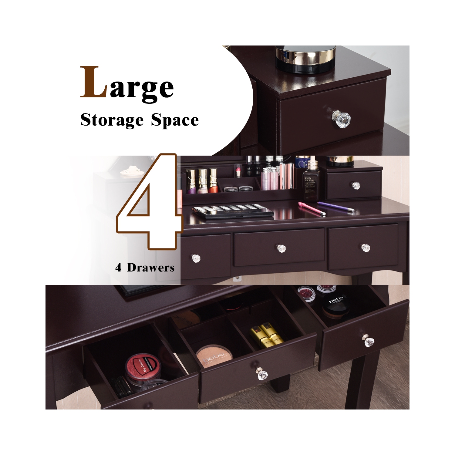 Table de maquillage à DEL TopBuy avec tiroirs et tabouret rembourré brun