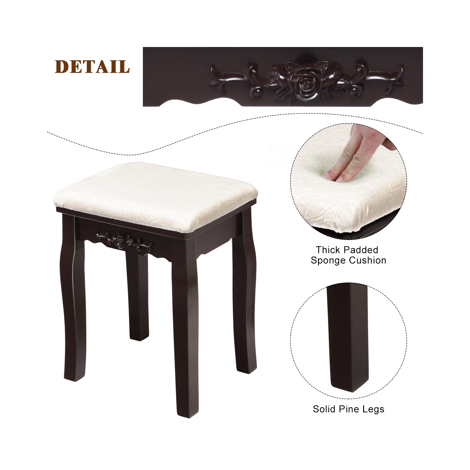 Table de maquillage à DEL TopBuy avec tiroirs et tabouret rembourré brun