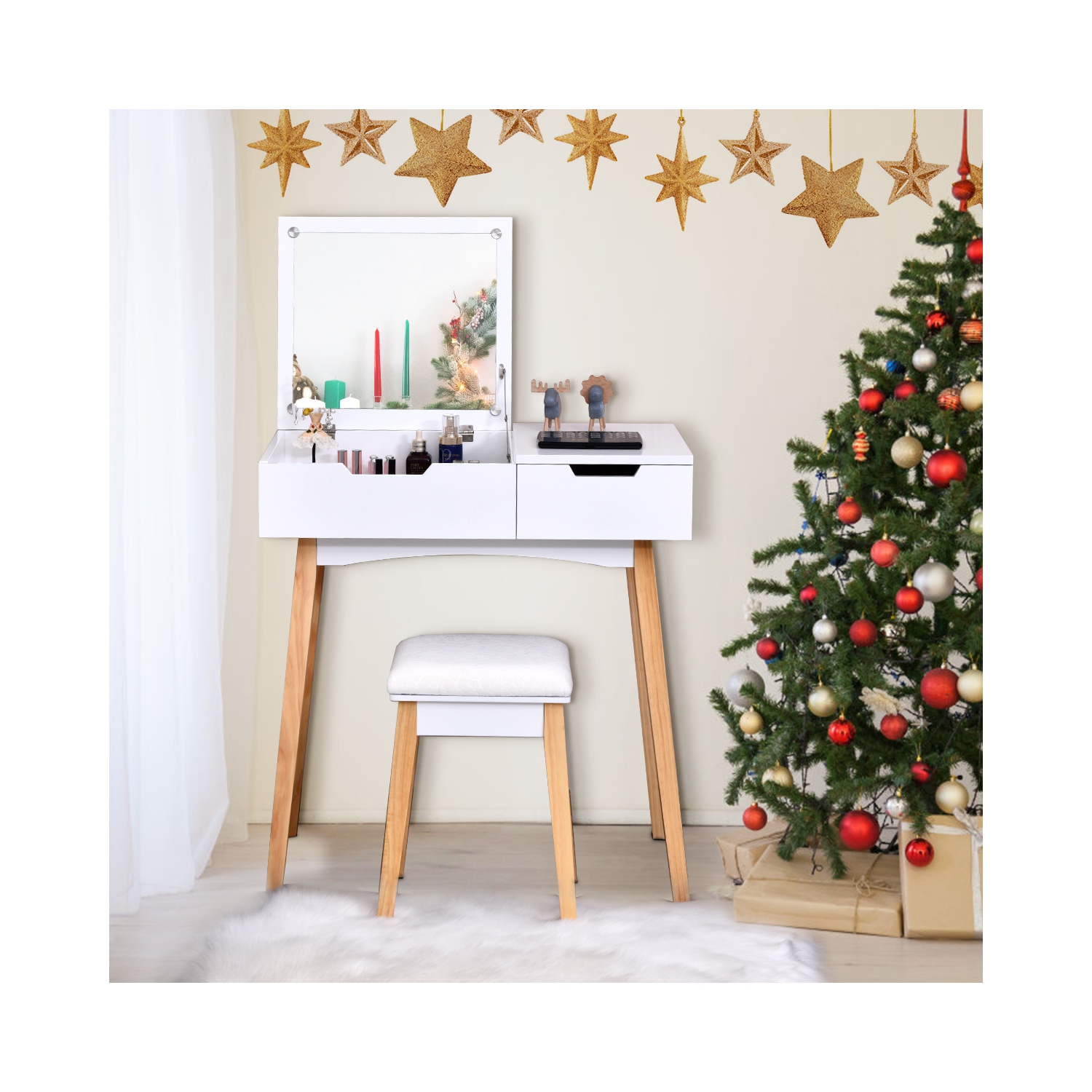 Table de maquillage avec miroir rabattable et commode 2-en-1 de TopBuy
