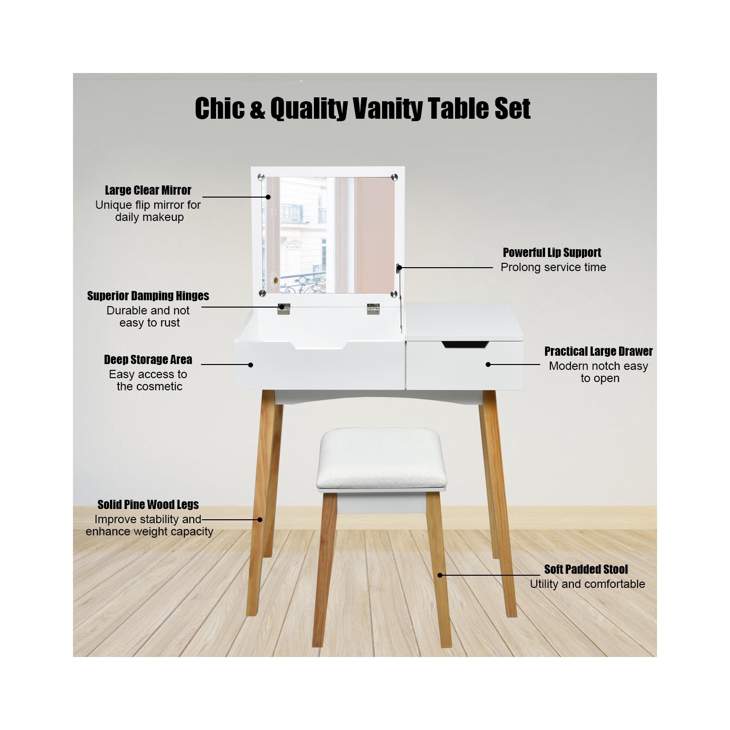 Table de maquillage avec miroir rabattable et commode 2-en-1 de TopBuy