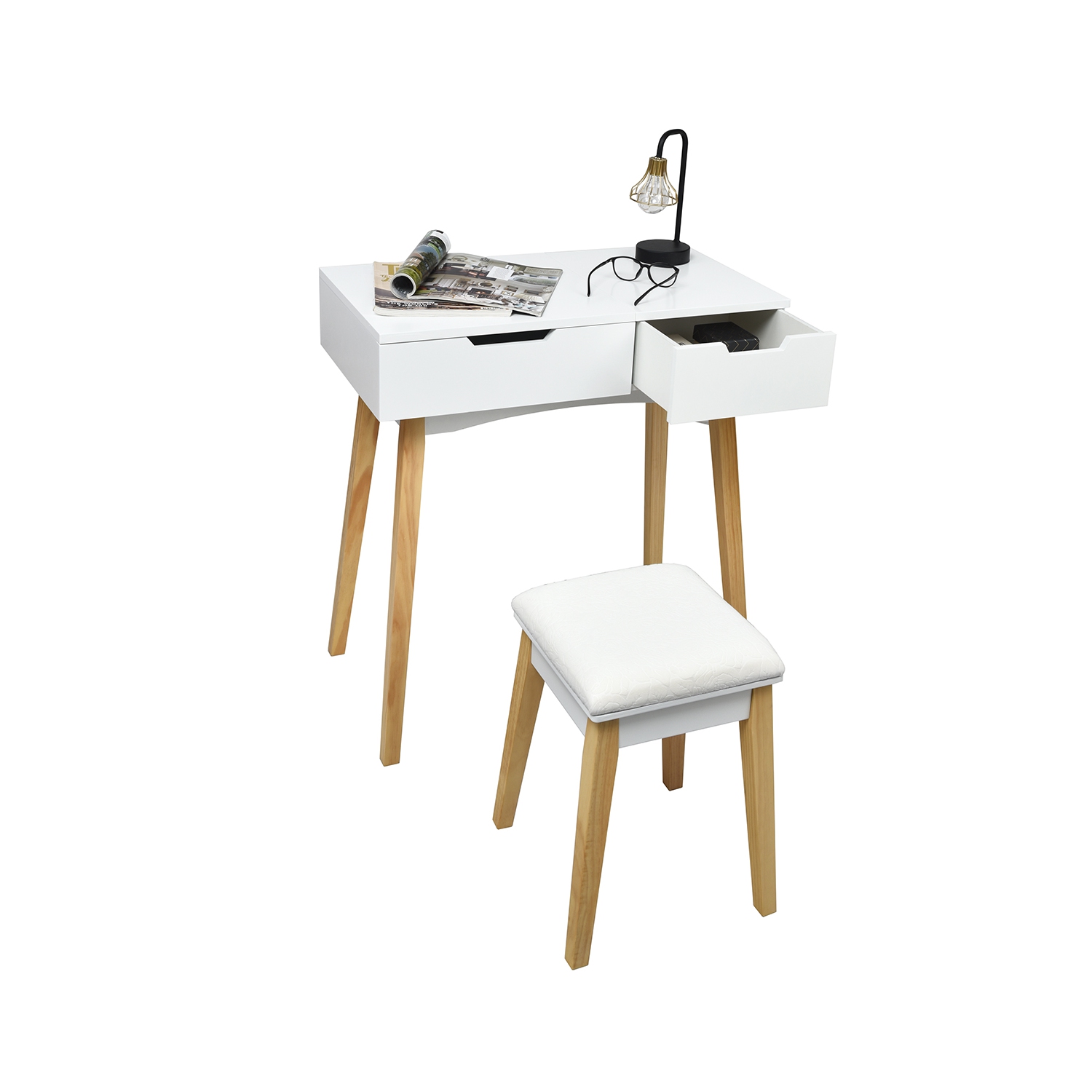 Table de maquillage avec miroir rabattable et commode 2-en-1 de TopBuy