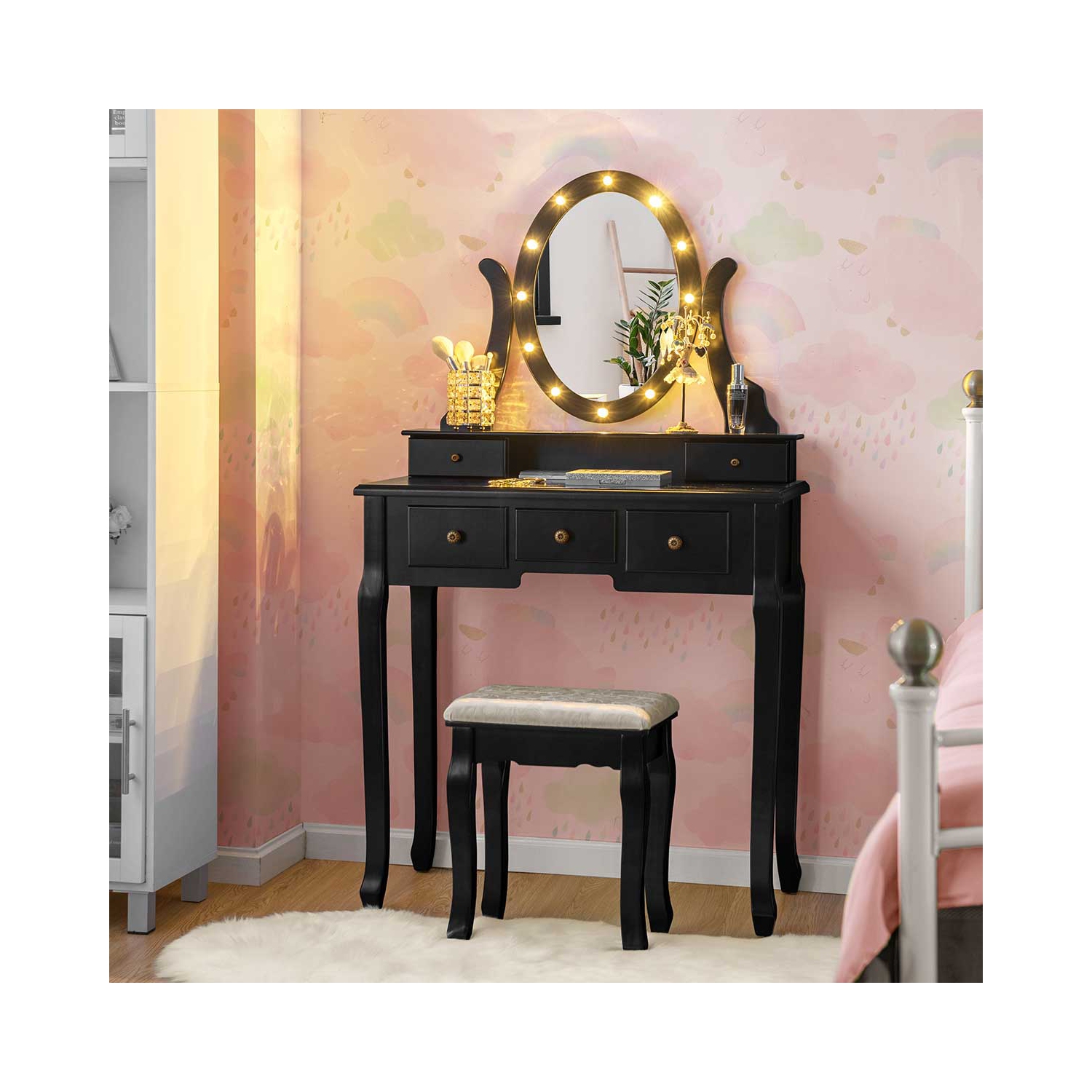 Ensemble miroir de coiffeuse illuminé TopBuy, table pour maquillage, miroir à 5 tiroirs et 12 ampoules à DEL, noir