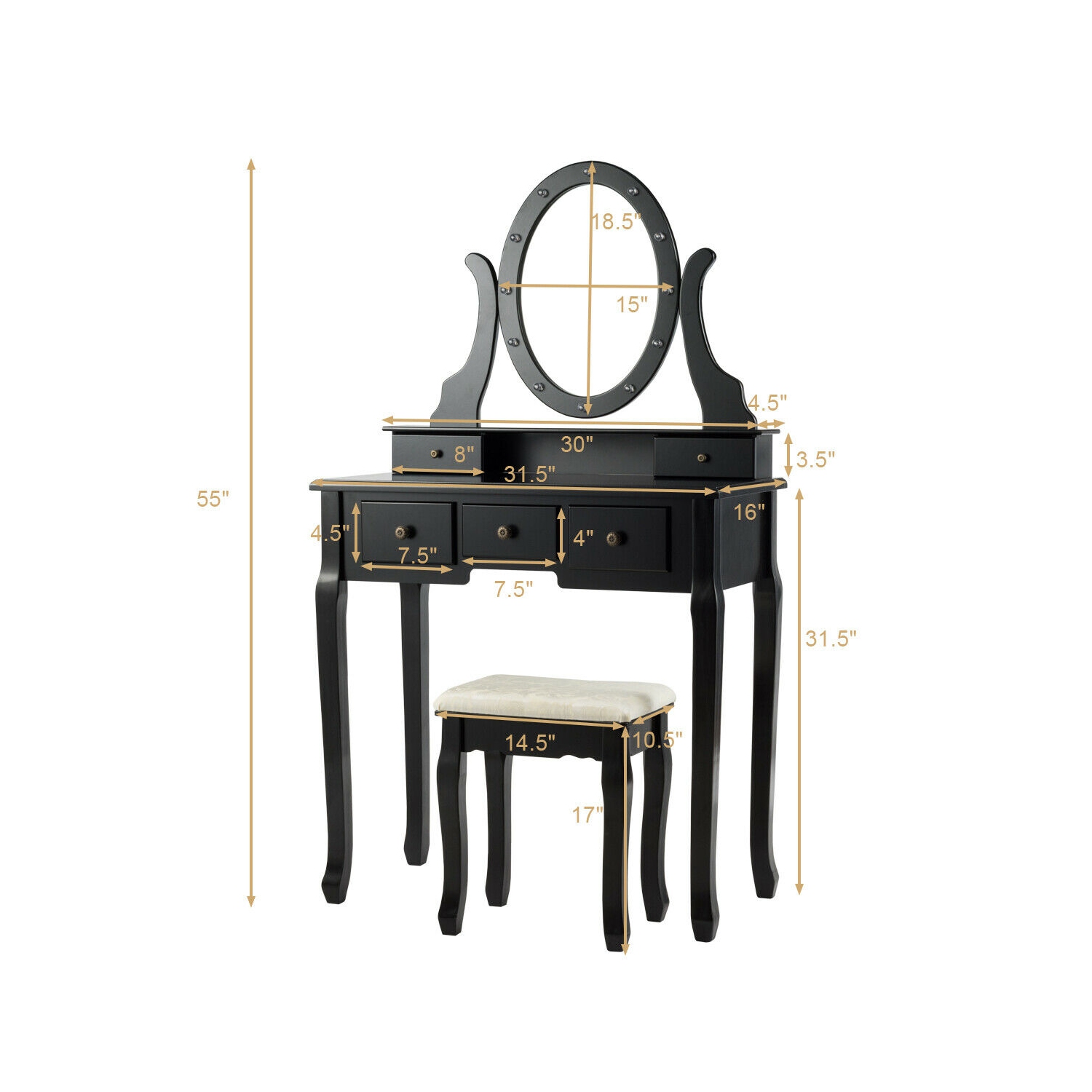 Ensemble miroir de coiffeuse illuminé TopBuy, table pour maquillage, miroir à 5 tiroirs et 12 ampoules à DEL, noir