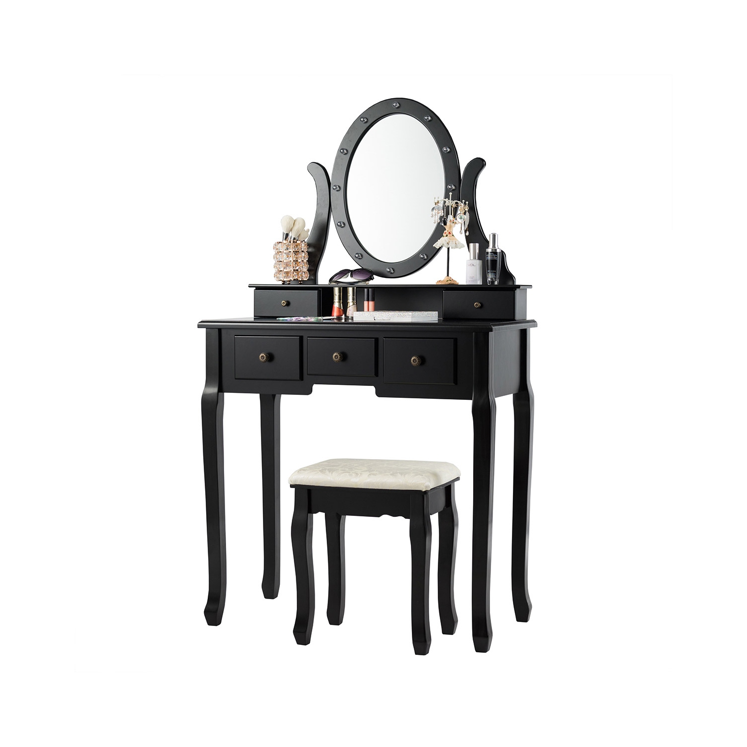Ensemble miroir de coiffeuse illuminé TopBuy, table pour maquillage, miroir à 5 tiroirs et 12 ampoules à DEL, noir