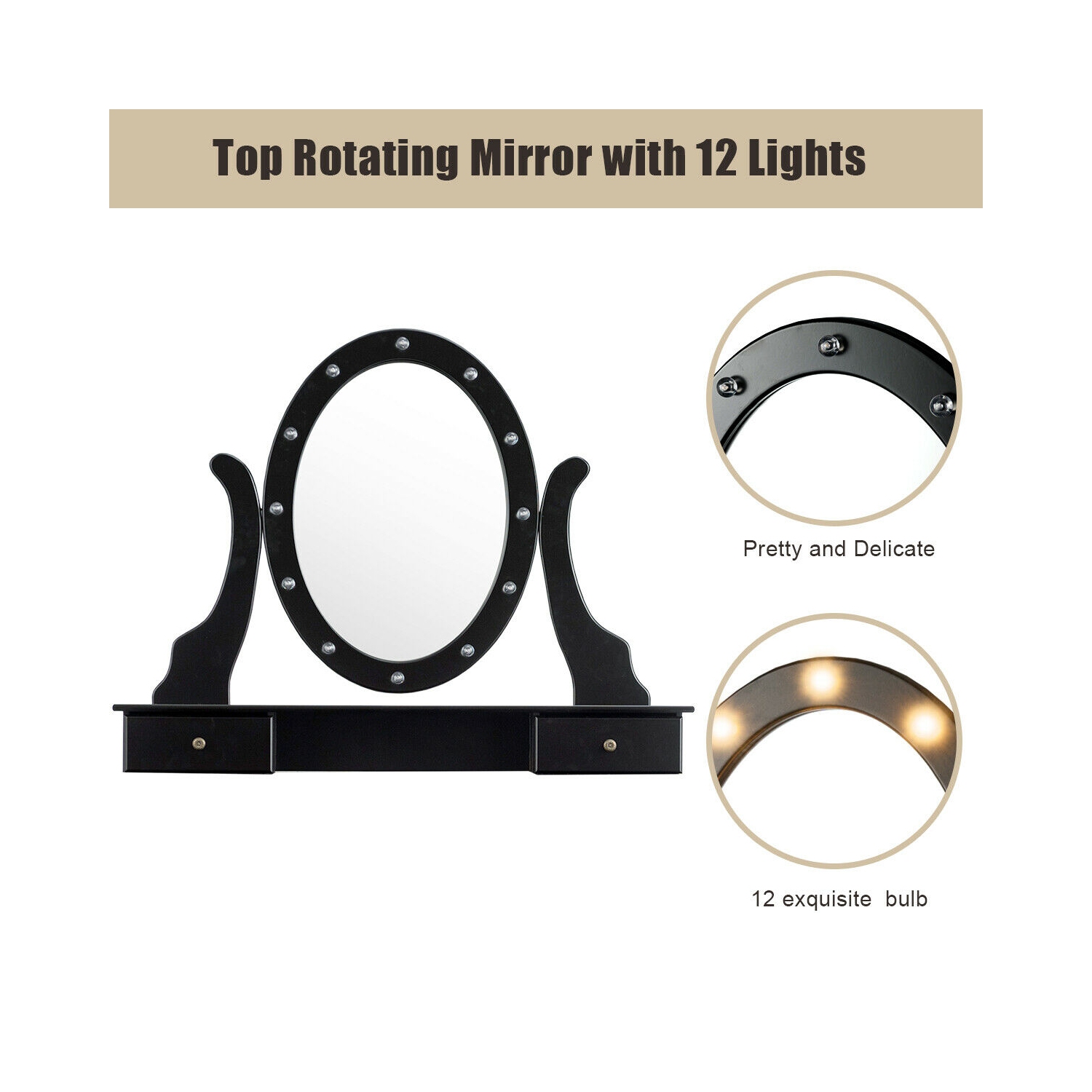 Ensemble miroir de coiffeuse illuminé TopBuy, table pour maquillage, miroir à 5 tiroirs et 12 ampoules à DEL, noir