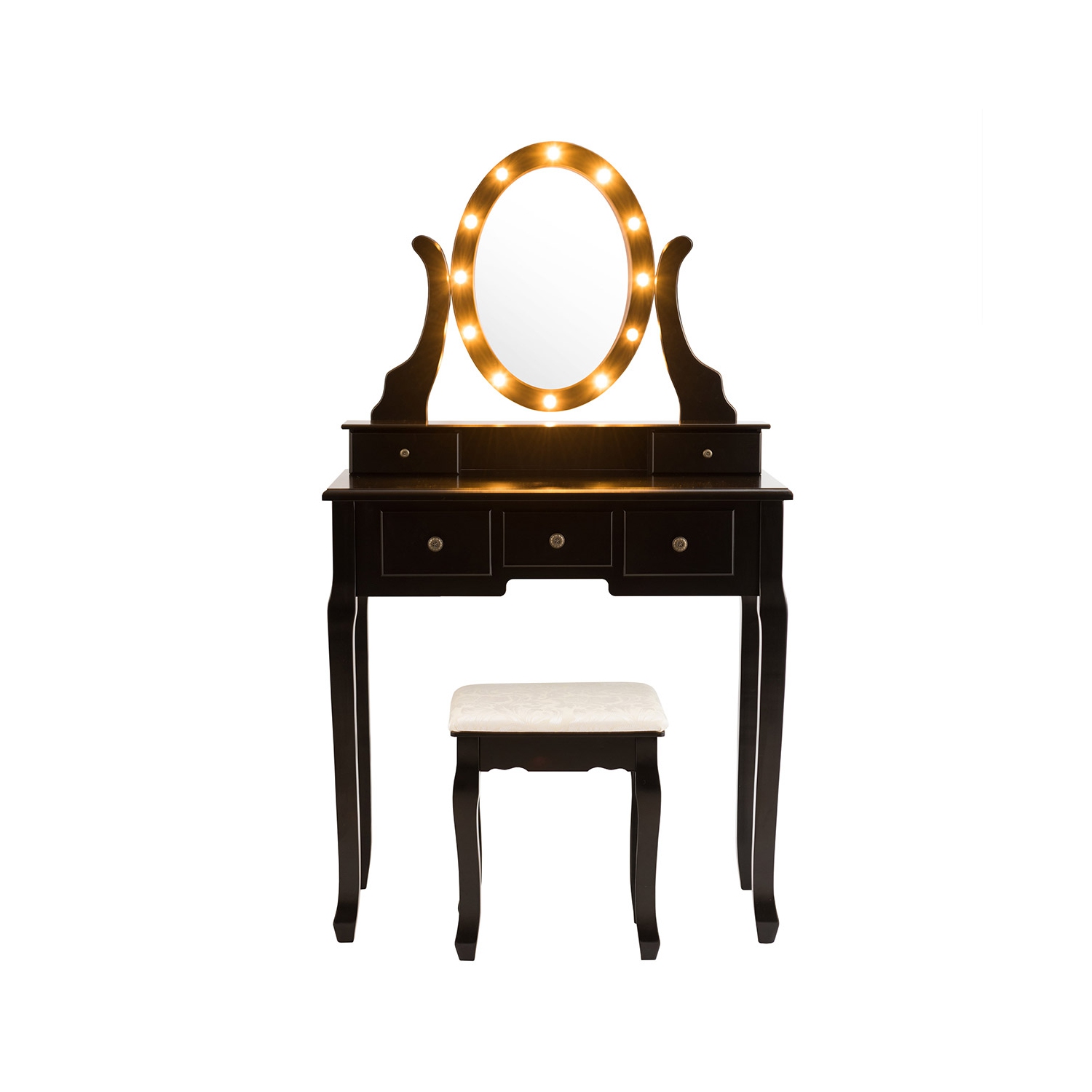 Ensemble miroir de coiffeuse illuminé TopBuy, table pour maquillage, miroir à 5 tiroirs et 12 ampoules à DEL, noir