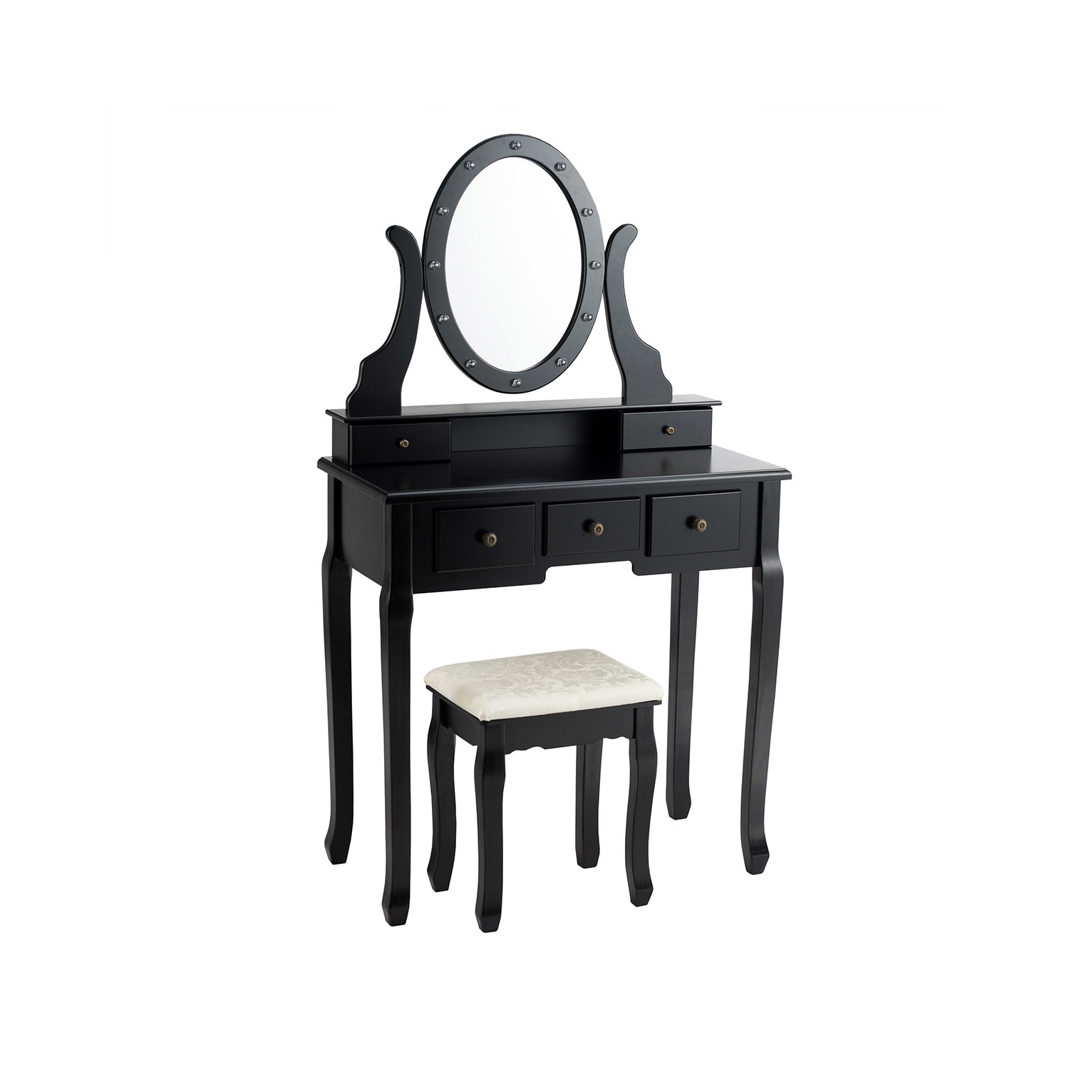 Ensemble miroir de coiffeuse illuminé TopBuy, table pour maquillage, miroir à 5 tiroirs et 12 ampoules à DEL, noir