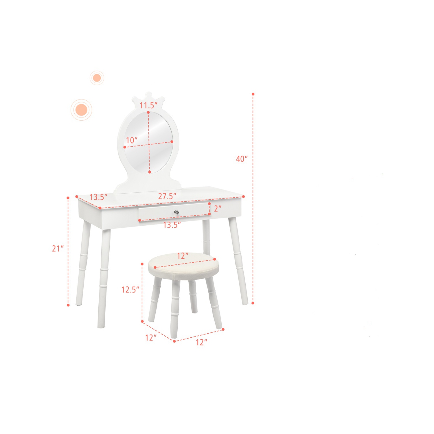 Topbuy Kids Princess Vanity Table Set w/ Chair Crown Mirror White/Pink