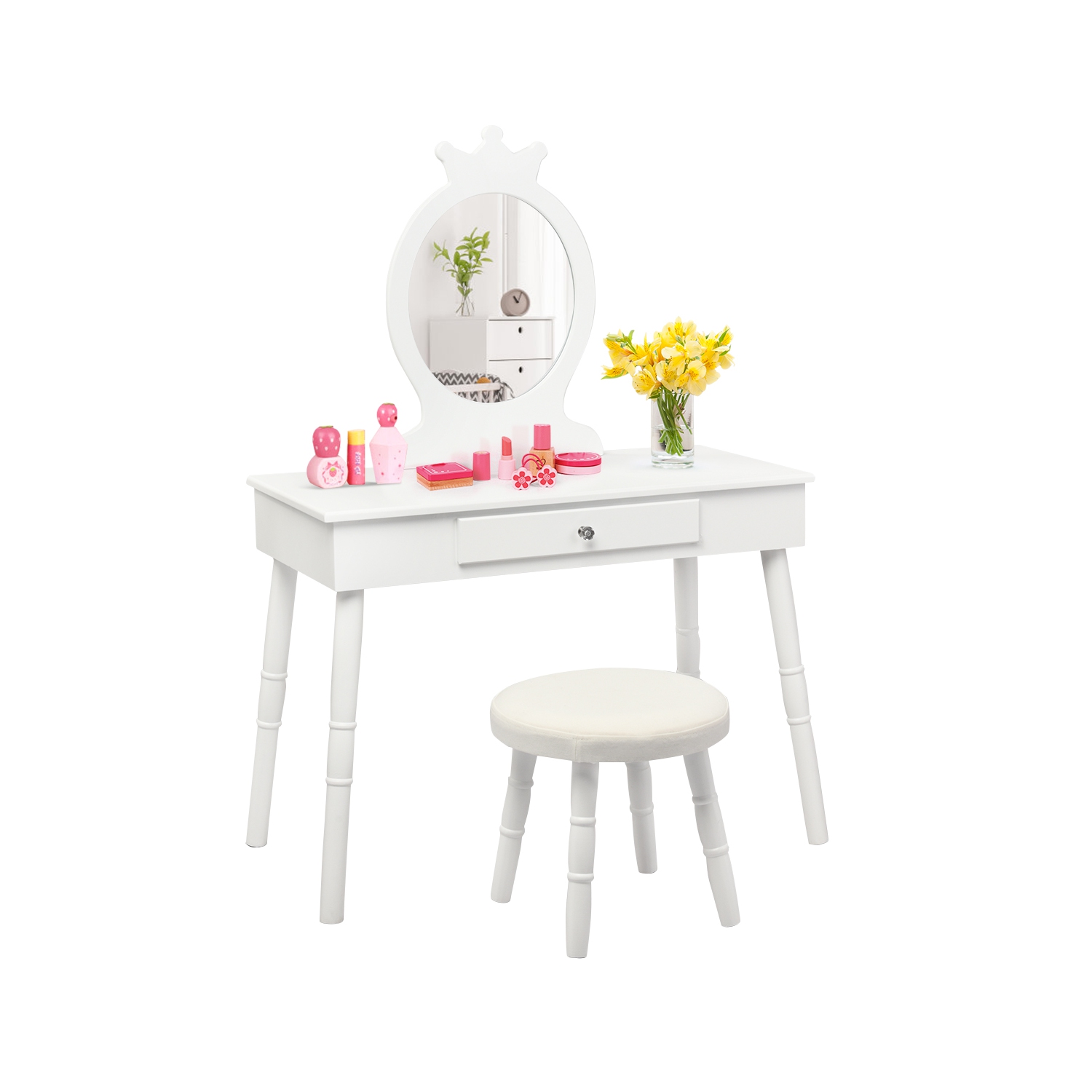 Topbuy Kids Princess Vanity Table Set w/ Chair Crown Mirror White/Pink