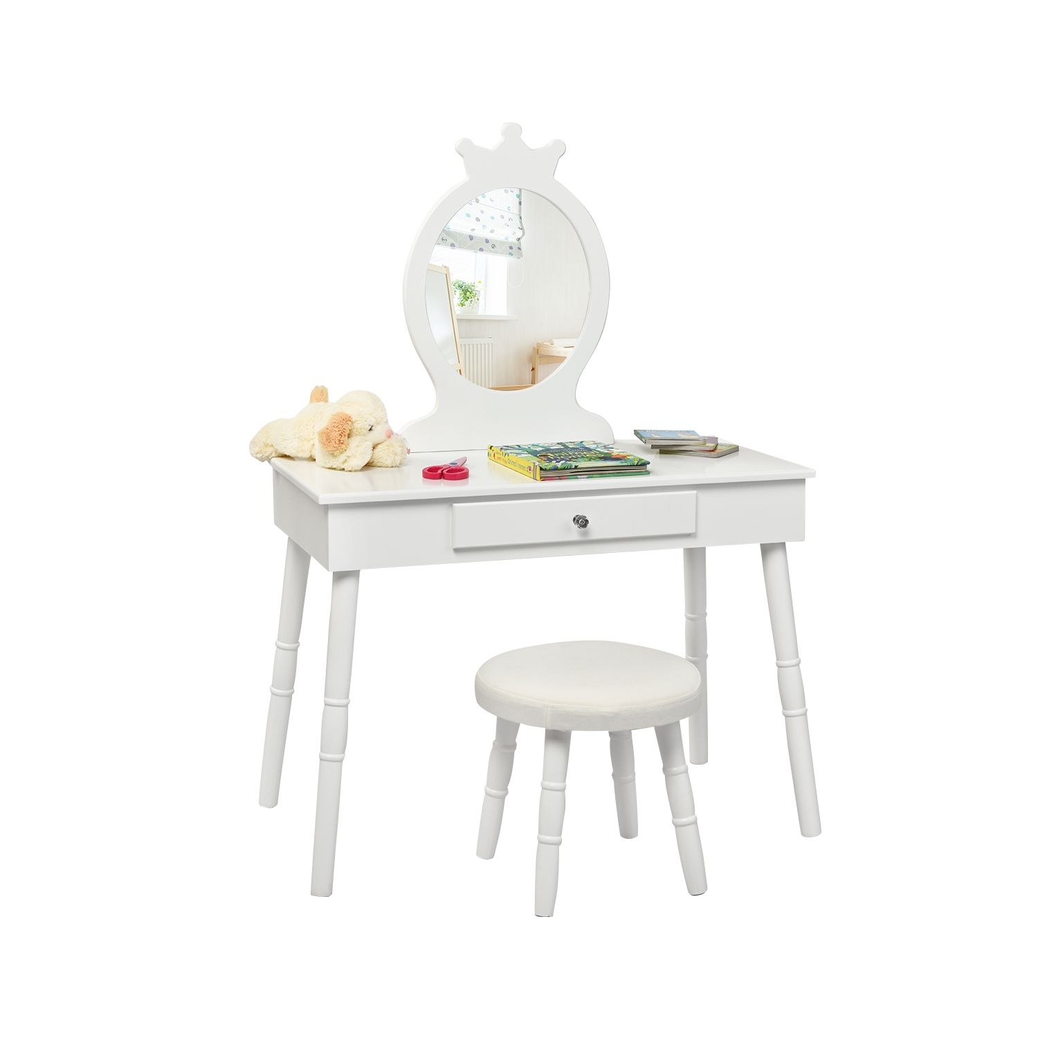 Topbuy Kids Princess Vanity Table Set w/ Chair Crown Mirror White/Pink