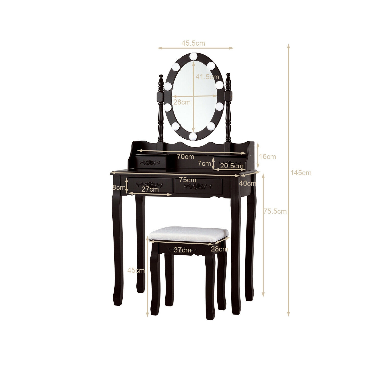 TopBuy – Ensemble de coiffeuse avec table à maquillage et éclairage à DEL, brun