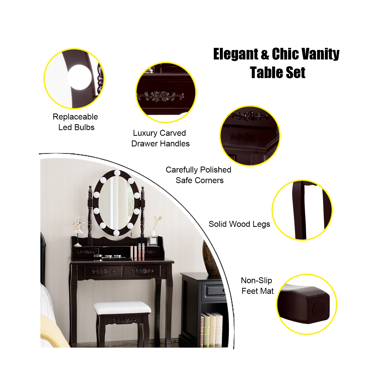 TopBuy – Ensemble de coiffeuse avec table à maquillage et éclairage à DEL, brun