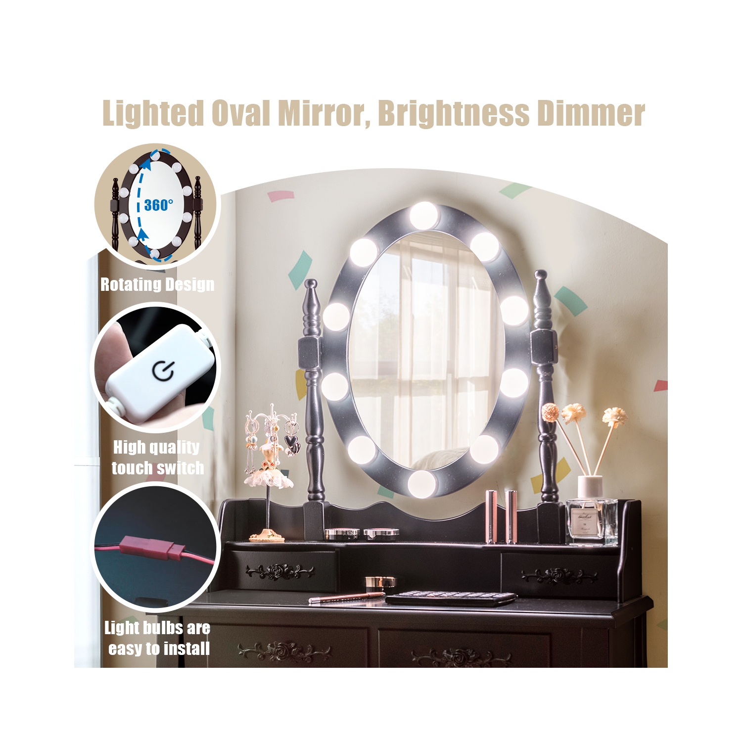 TopBuy – Ensemble de coiffeuse avec table à maquillage et éclairage à DEL, brun