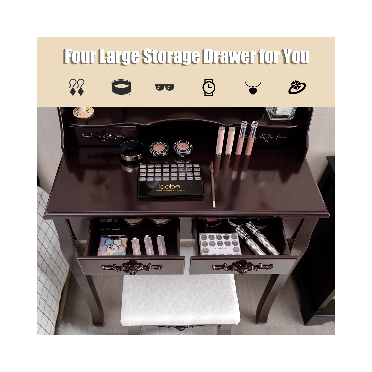 TopBuy – Ensemble de coiffeuse avec table à maquillage et éclairage à DEL, brun