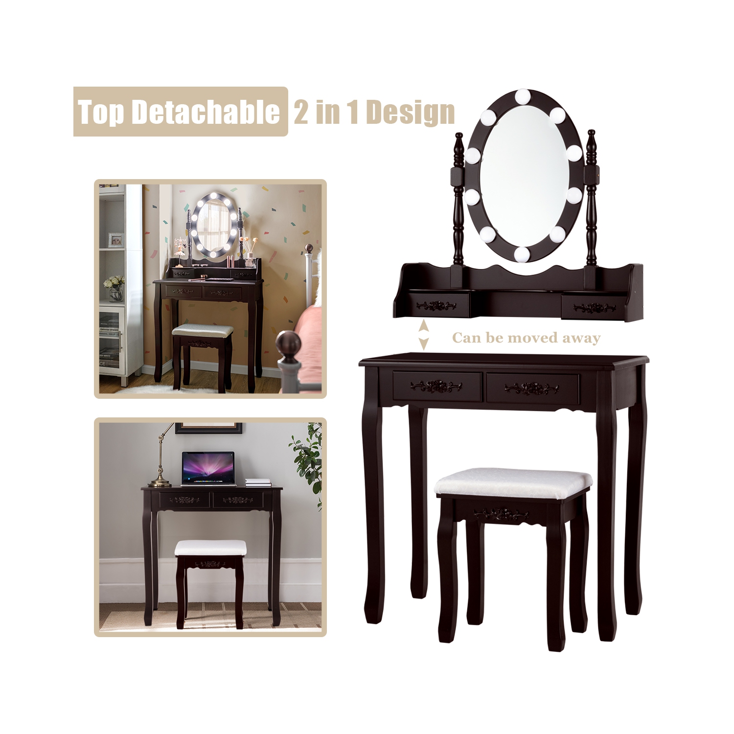 TopBuy – Ensemble de coiffeuse avec table à maquillage et éclairage à DEL, brun