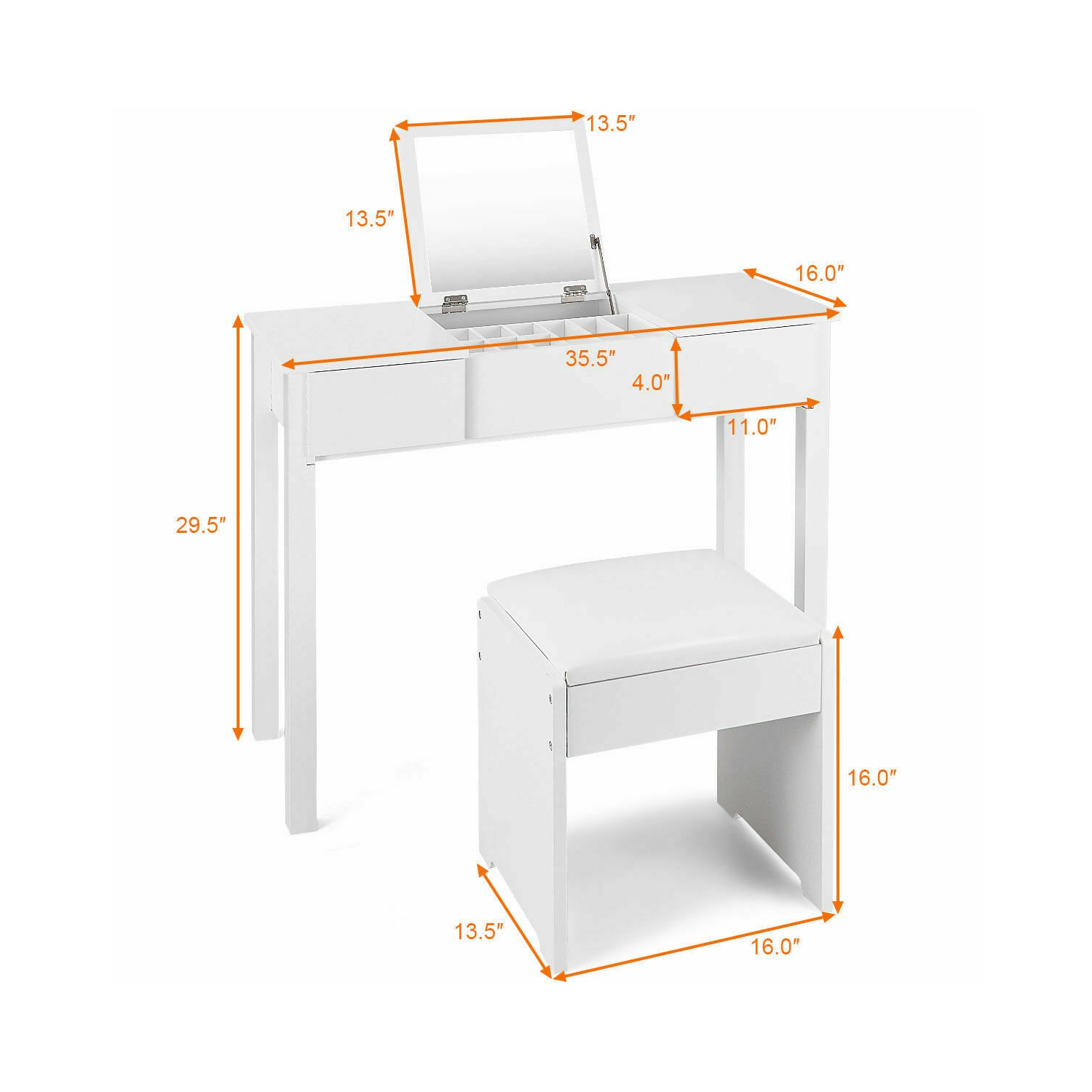 TopBuy – Ensemble miroir de maquillage à 2 tiroirs pour coiffeuse avec table à langer rabattable et tabouret, blanc