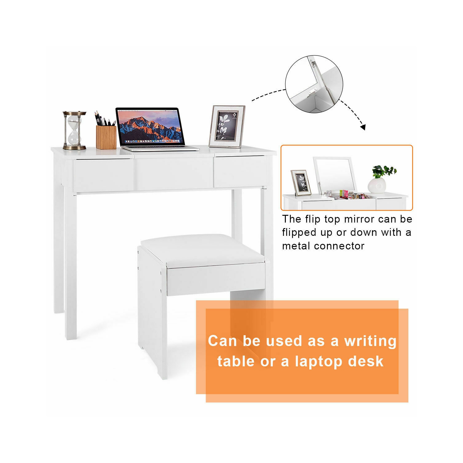TopBuy – Ensemble miroir de maquillage à 2 tiroirs pour coiffeuse avec table à langer rabattable et tabouret, blanc