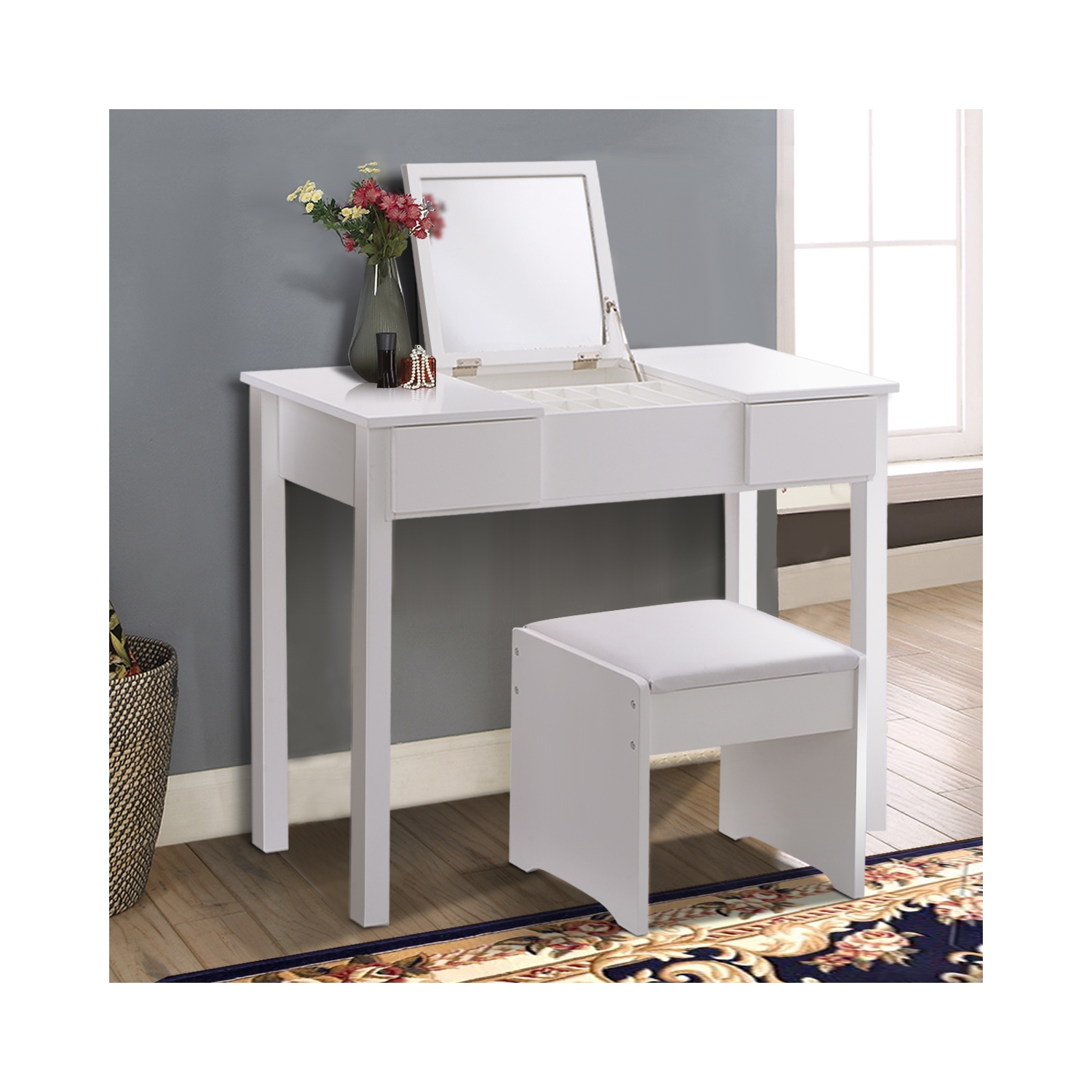 TopBuy – Ensemble miroir de maquillage à 2 tiroirs pour coiffeuse avec table à langer rabattable et tabouret, blanc