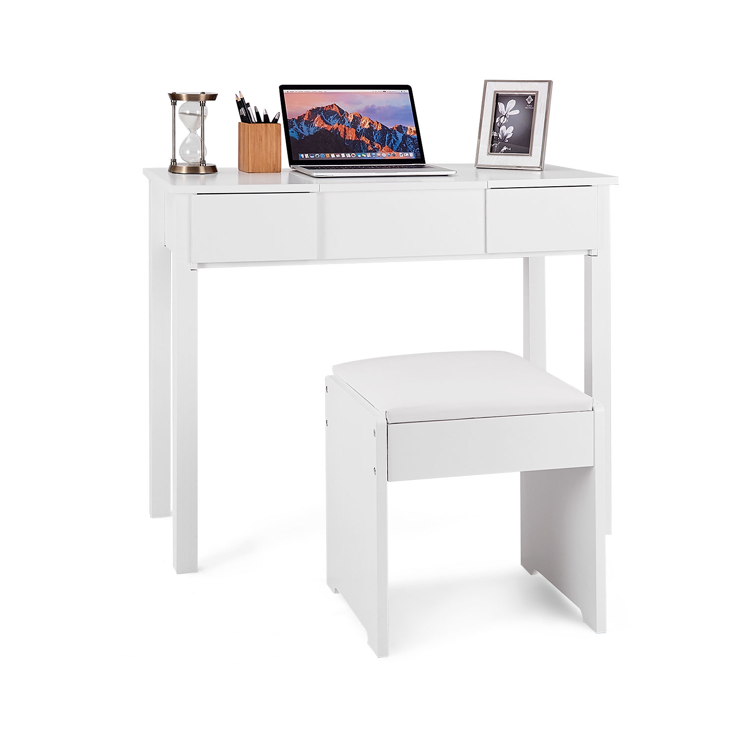 TopBuy – Ensemble miroir de maquillage à 2 tiroirs pour coiffeuse avec table à langer rabattable et tabouret, blanc