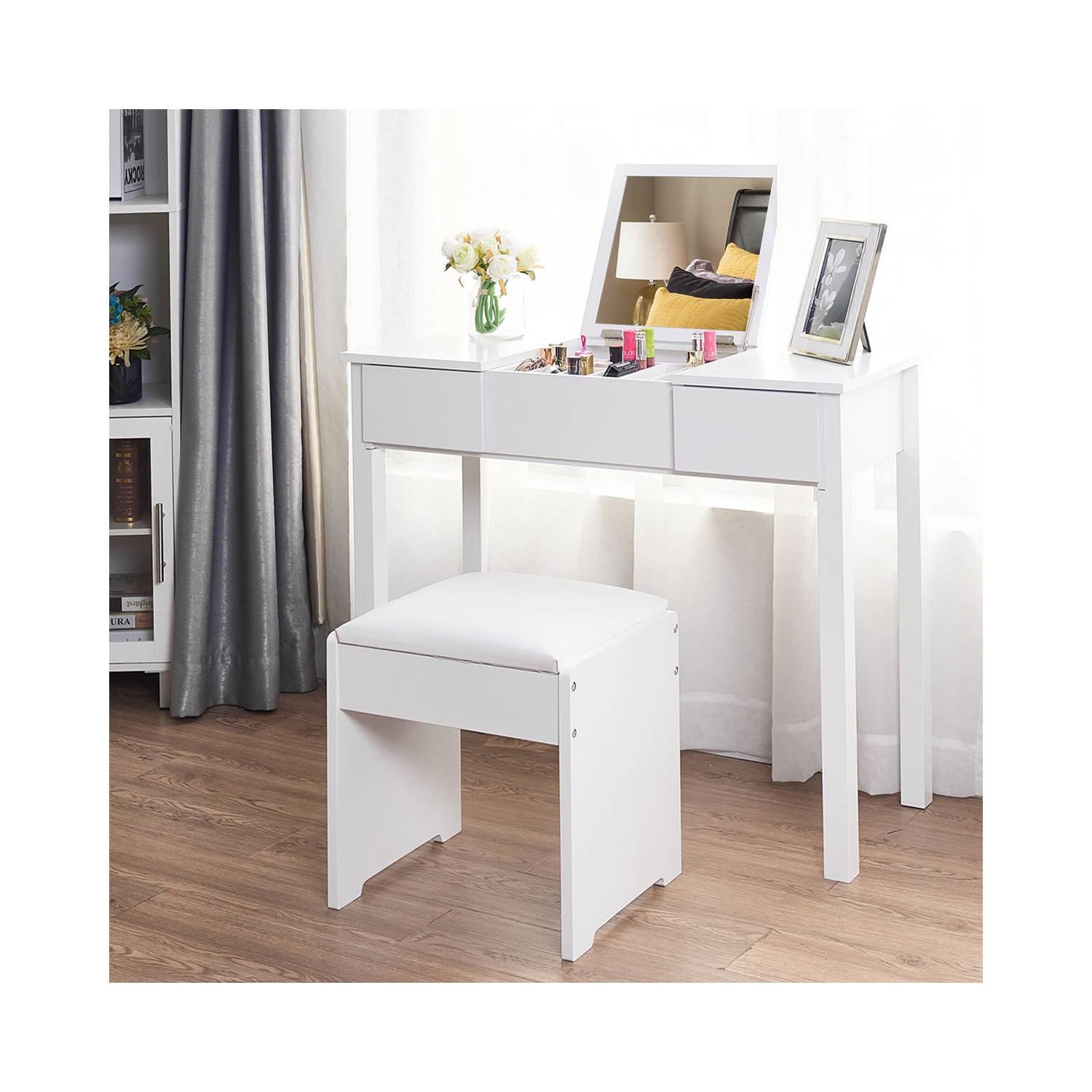 TopBuy – Ensemble miroir de maquillage à 2 tiroirs pour coiffeuse avec table à langer rabattable et tabouret, blanc