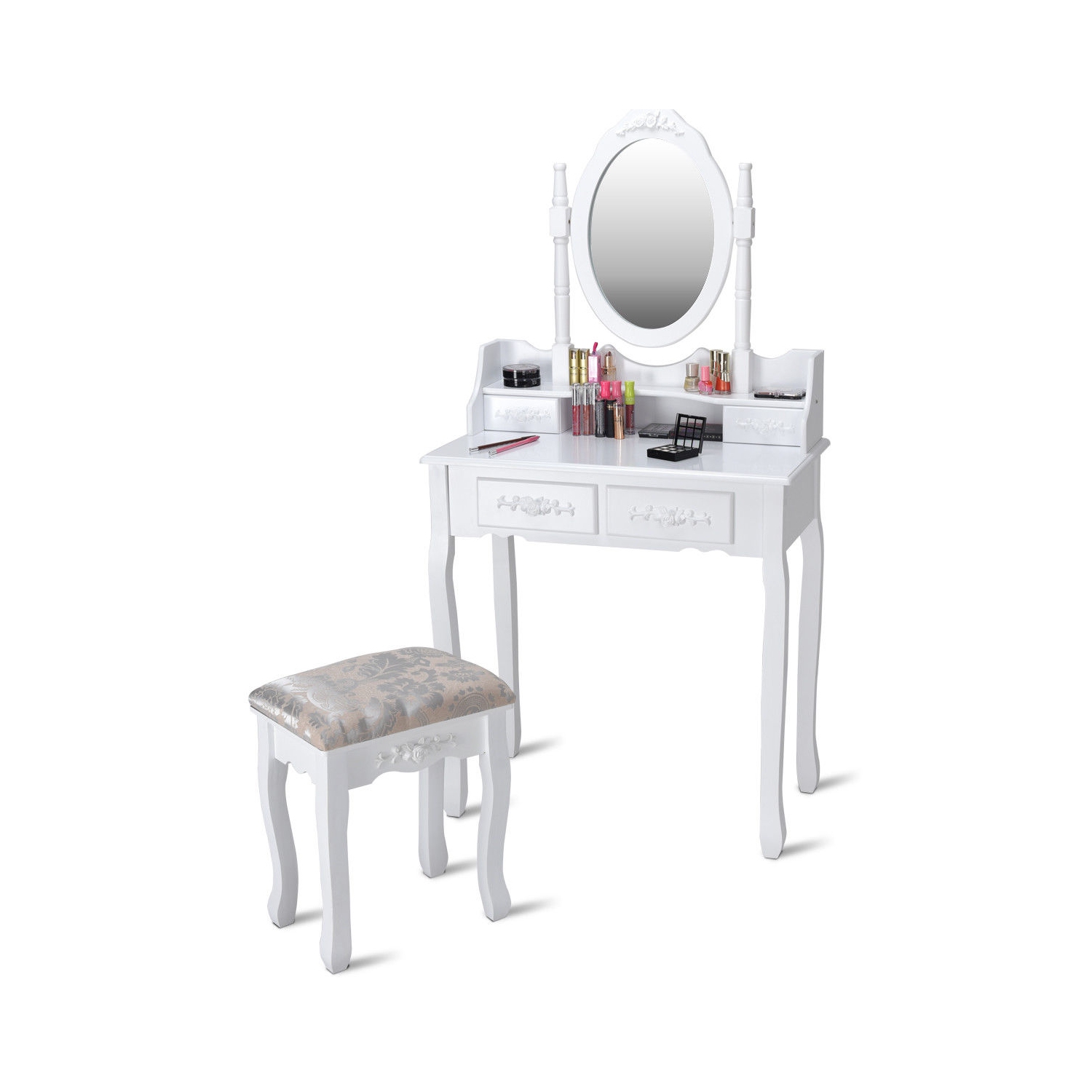 Topbuy 360 Degree Rotatable Vanity Mirror Dressing Unit w/ Padded Stool