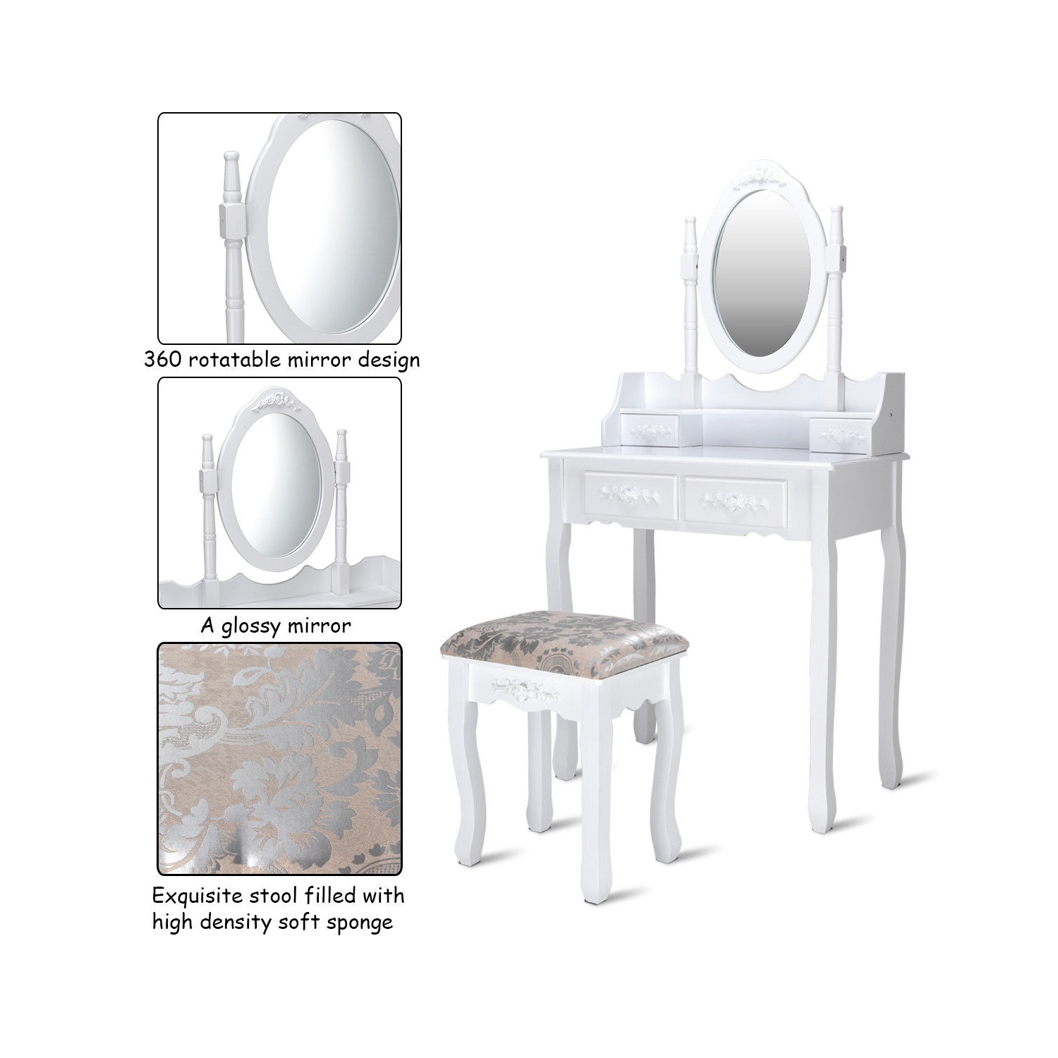 Topbuy 360 Degree Rotatable Vanity Mirror Dressing Unit w/ Padded Stool