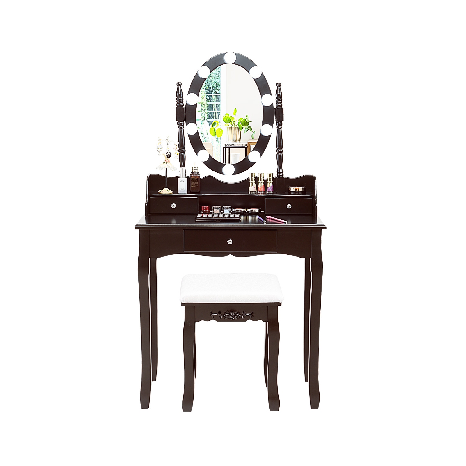 Topbuy Mirrored Vanity Table Set Lighted Makeup Dresser w/ Drawers Brown