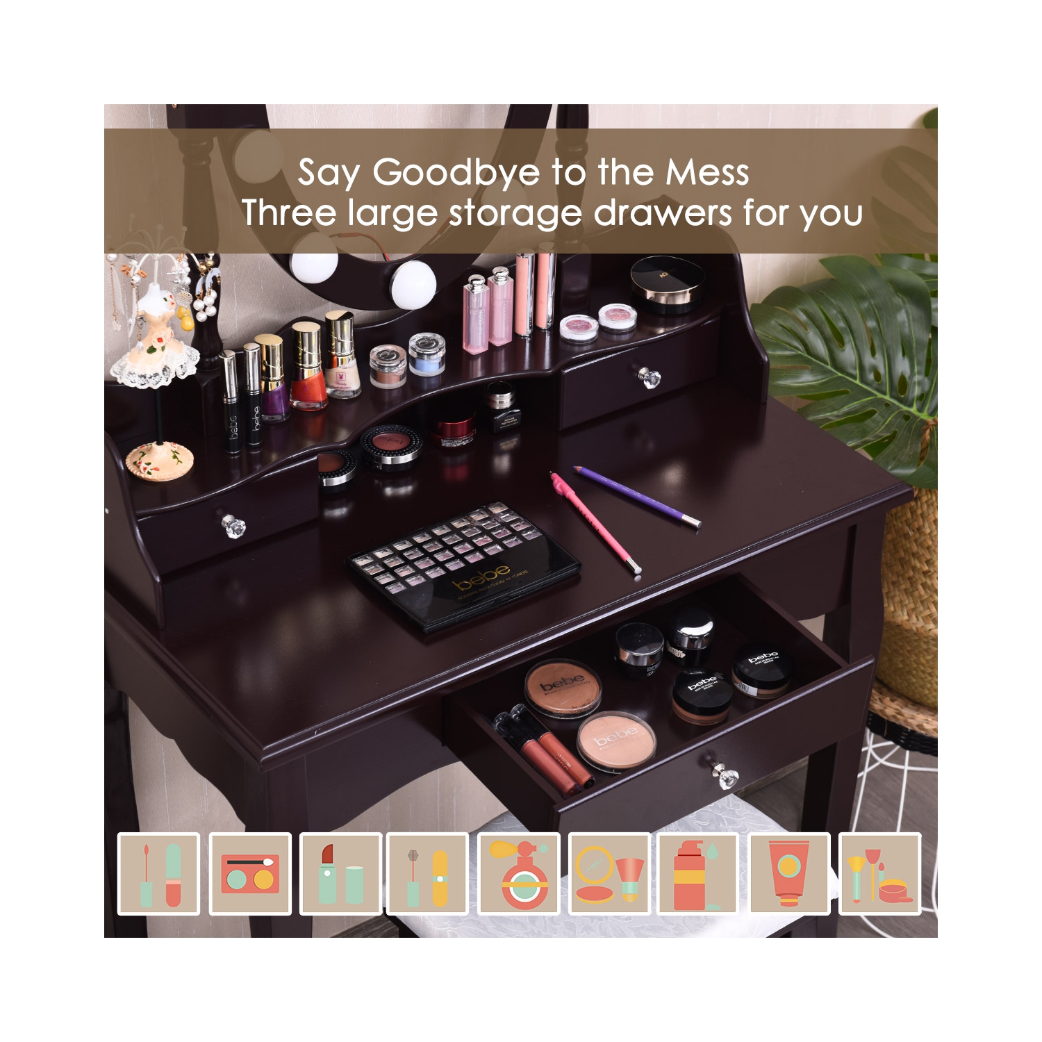 Topbuy Mirrored Vanity Table Set Lighted Makeup Dresser w/ Drawers Brown