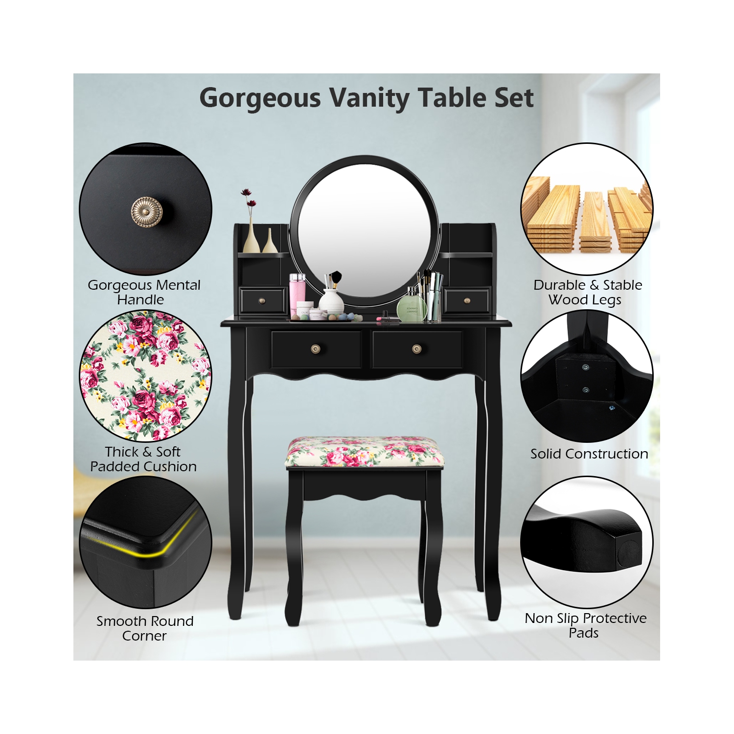 Topbuy Vanity Table Set w/Detachable Mirror & Stool