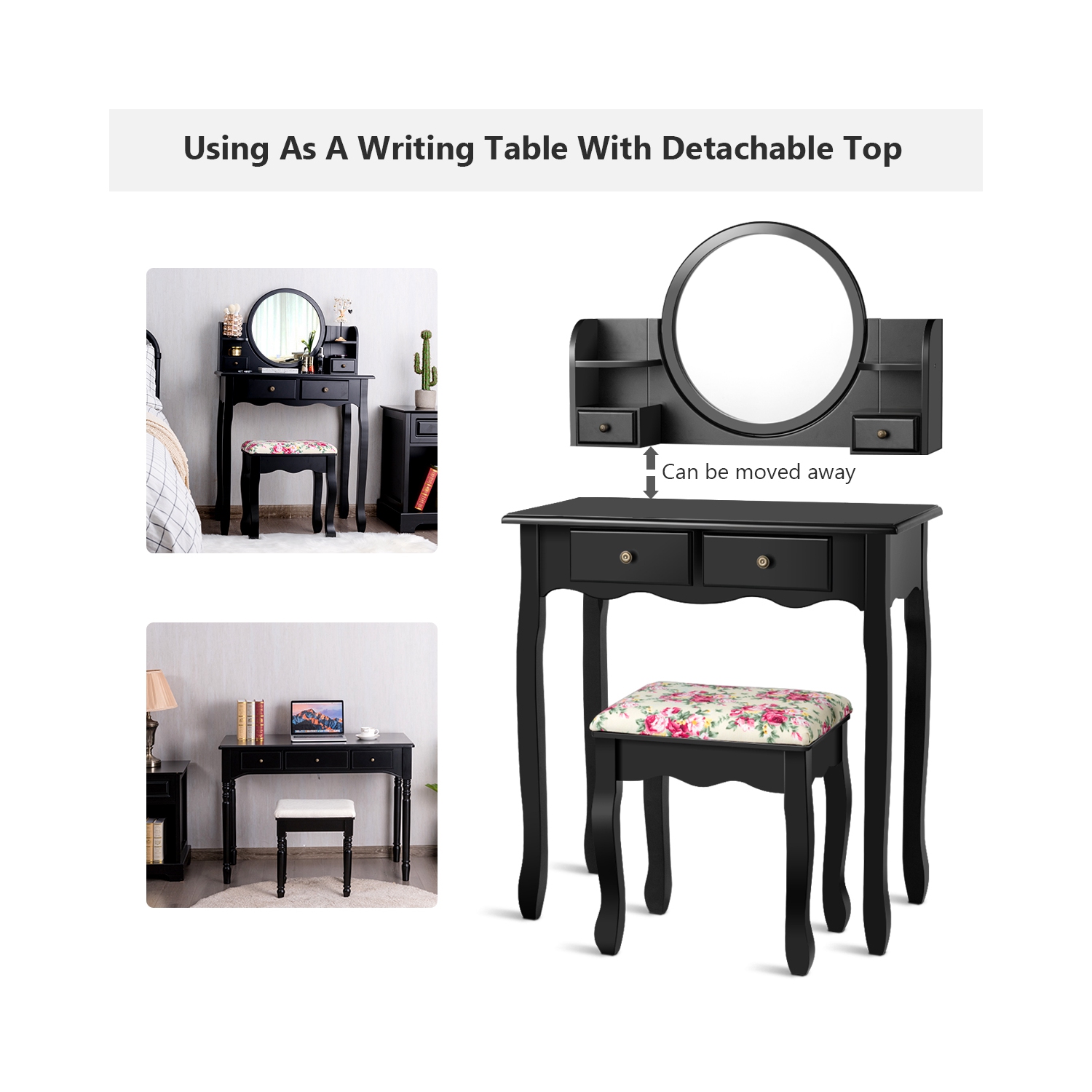 Topbuy Vanity Table Set w/Detachable Mirror & Stool