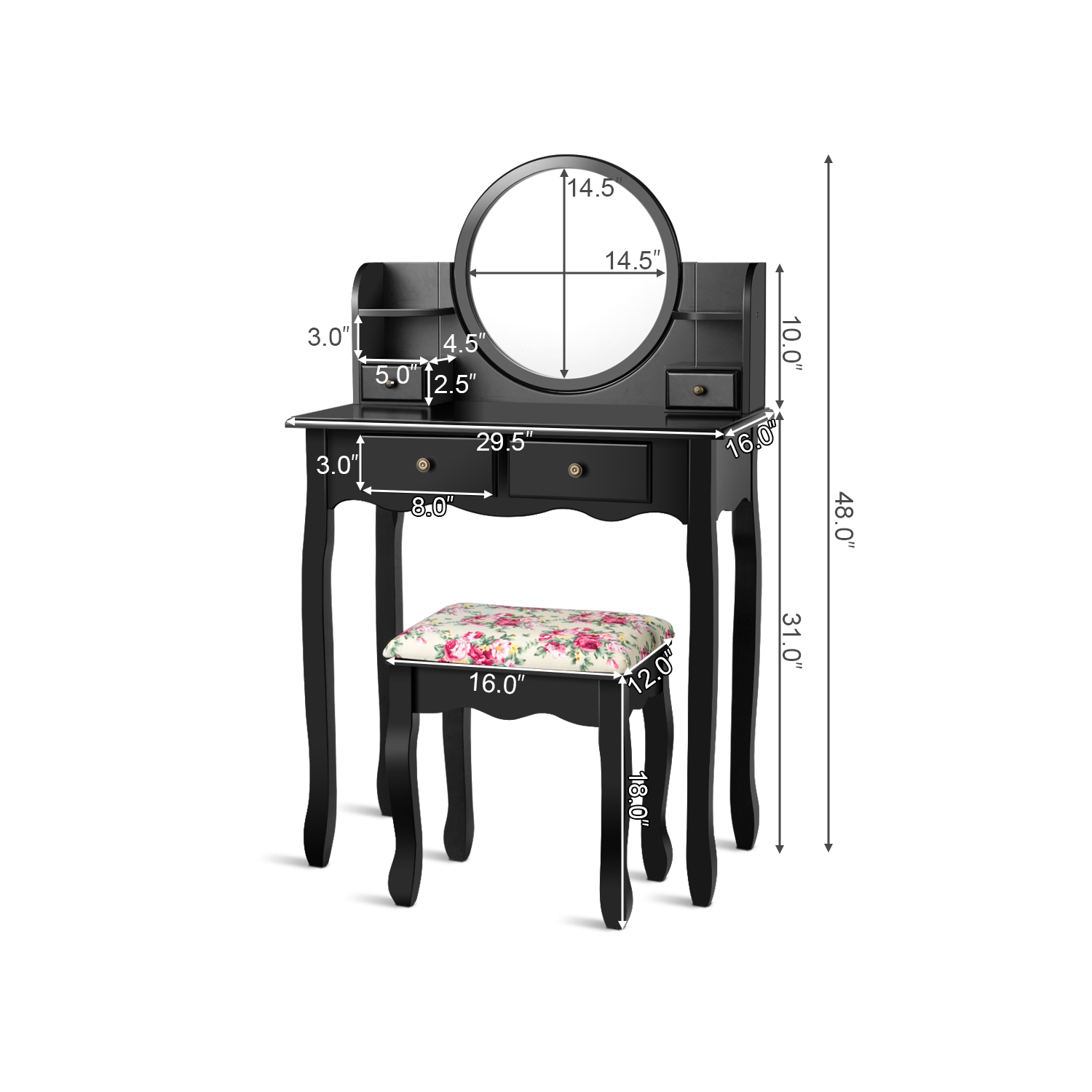 Topbuy Vanity Table Set w/Detachable Mirror & Stool