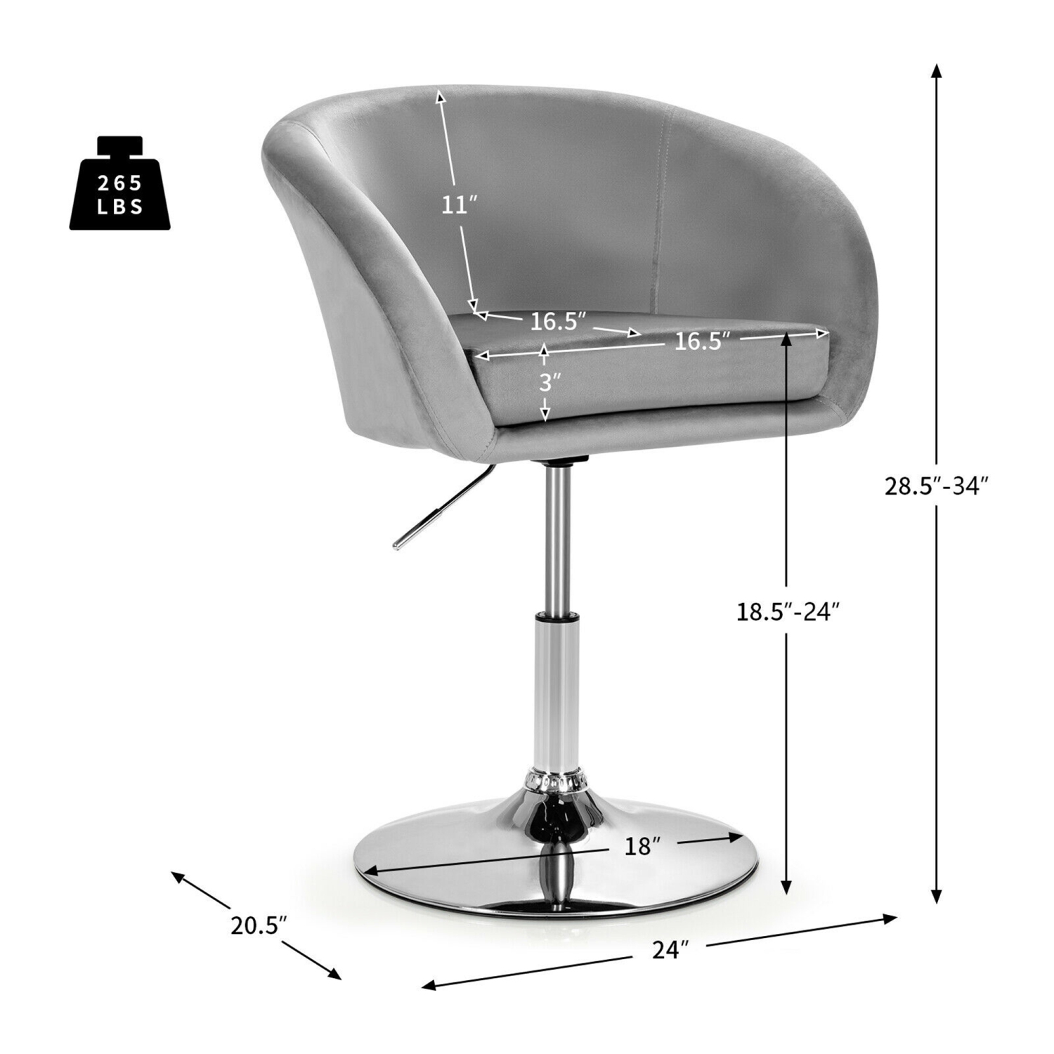 Gymax Modern Velvet Chair Height Adjustable Bar Stool 360° Swivel Makeup Seat