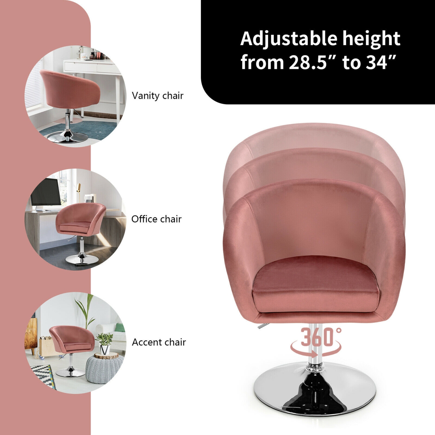 Gymax Modern Velvet Chair Height Adjustable Bar Stool 360° Swivel Makeup Seat