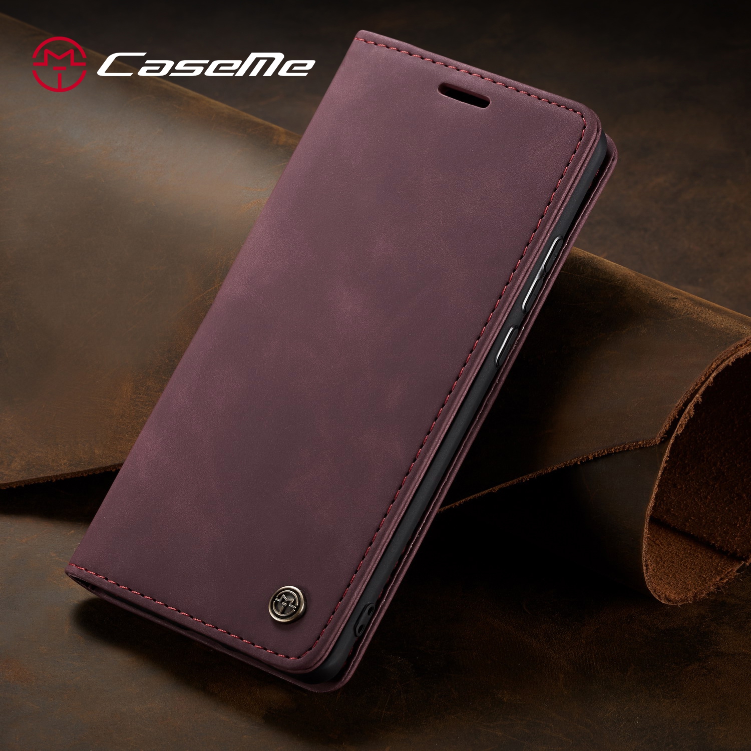 CaseMe Wallet Case Anti-Fall Retro Handmade Leather Magnetic Case Card Slot for iPhone 13 Pro Max (Wine Red) - Free Shipping