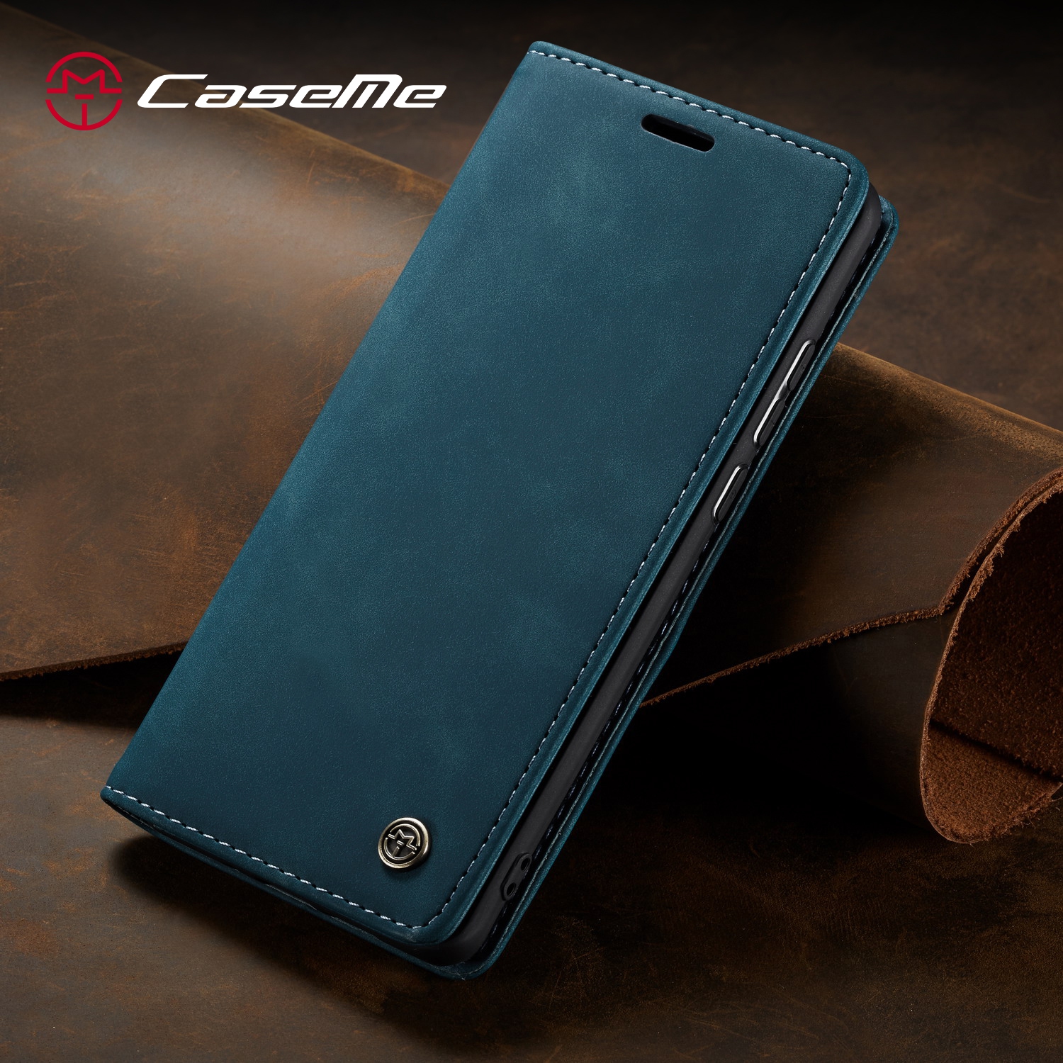 CaseMe Wallet Case Anti-Fall Retro Handmade Leather Magnetic Case Card Slot for iPhone 13 Pro Max (Blue) - Free Shipping