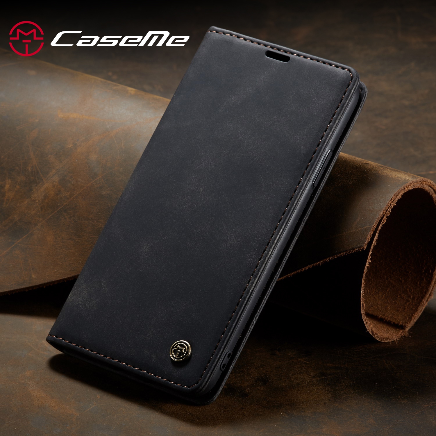 CaseMe Wallet Case Anti-Fall Retro Handmade Leather Magnetic Case Card Slot for iPhone 13 Pro Max (Black) - Free Shipping