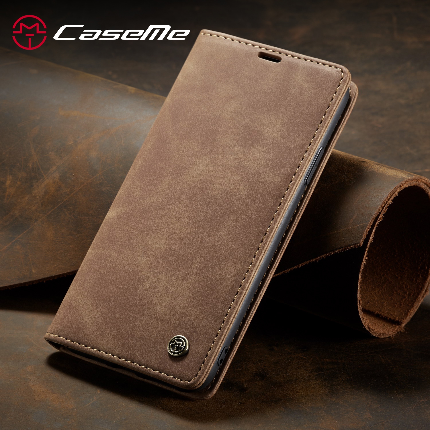 CaseMe Wallet Case Anti-Fall Retro Handmade Leather Magnetic Case Card Slot for iPhone 13 Pro Max (Brown) - Free Shipping