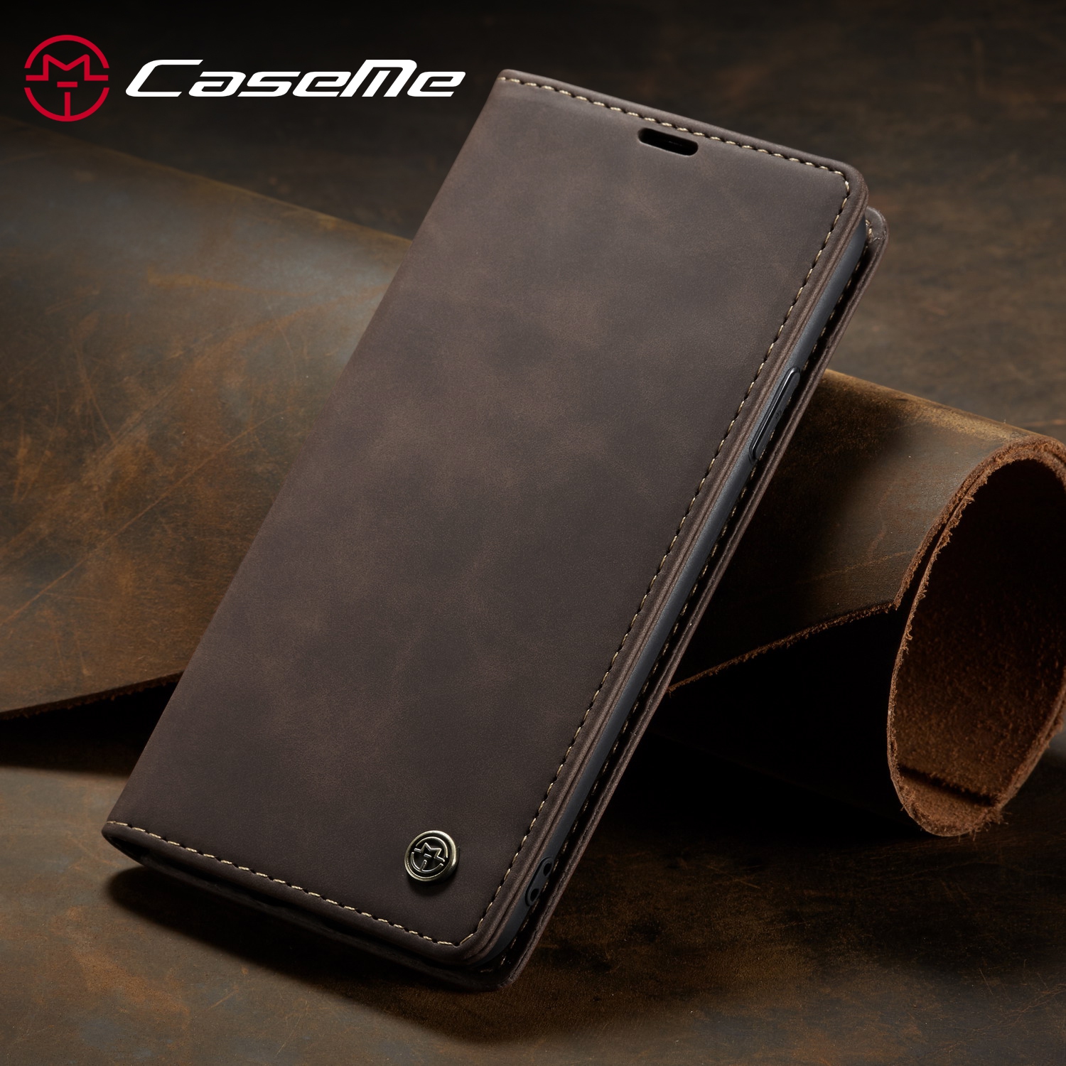 CaseMe Wallet Case Anti-Fall Retro Handmade Leather Magnetic Case Card Slot for iPhone 13 Pro Max (Coffee) - Free Shipping