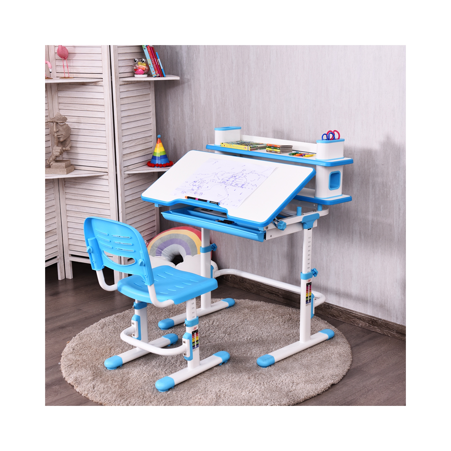 Topbuy Children's Studying Table Height Adjustable Desk Chair Set Blue